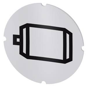 Batteriesymbol auf kreisförmigem grauem Hintergrund, dargestellt als schwarzes Batteriesymbol mit Umrissen und seitlichem Anschluss.