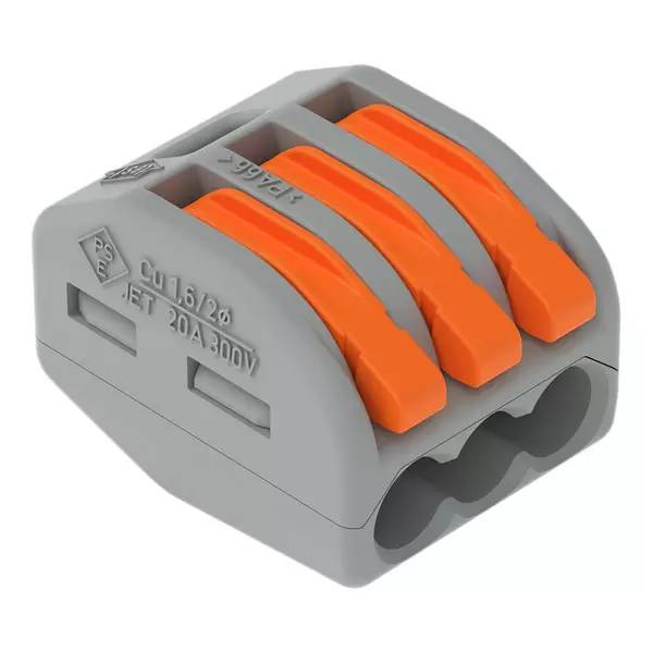 Grauer Elektrokabelverbinder mit orangefarbenen Hebeln, wird verwendet, um mehrere Drähte miteinander zu verbinden.