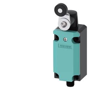 Siemens Grenzscha­lter für die Industrie mit Rollen­hebel­betätigung, isoliert auf weißem Hintergrund dargestellt.