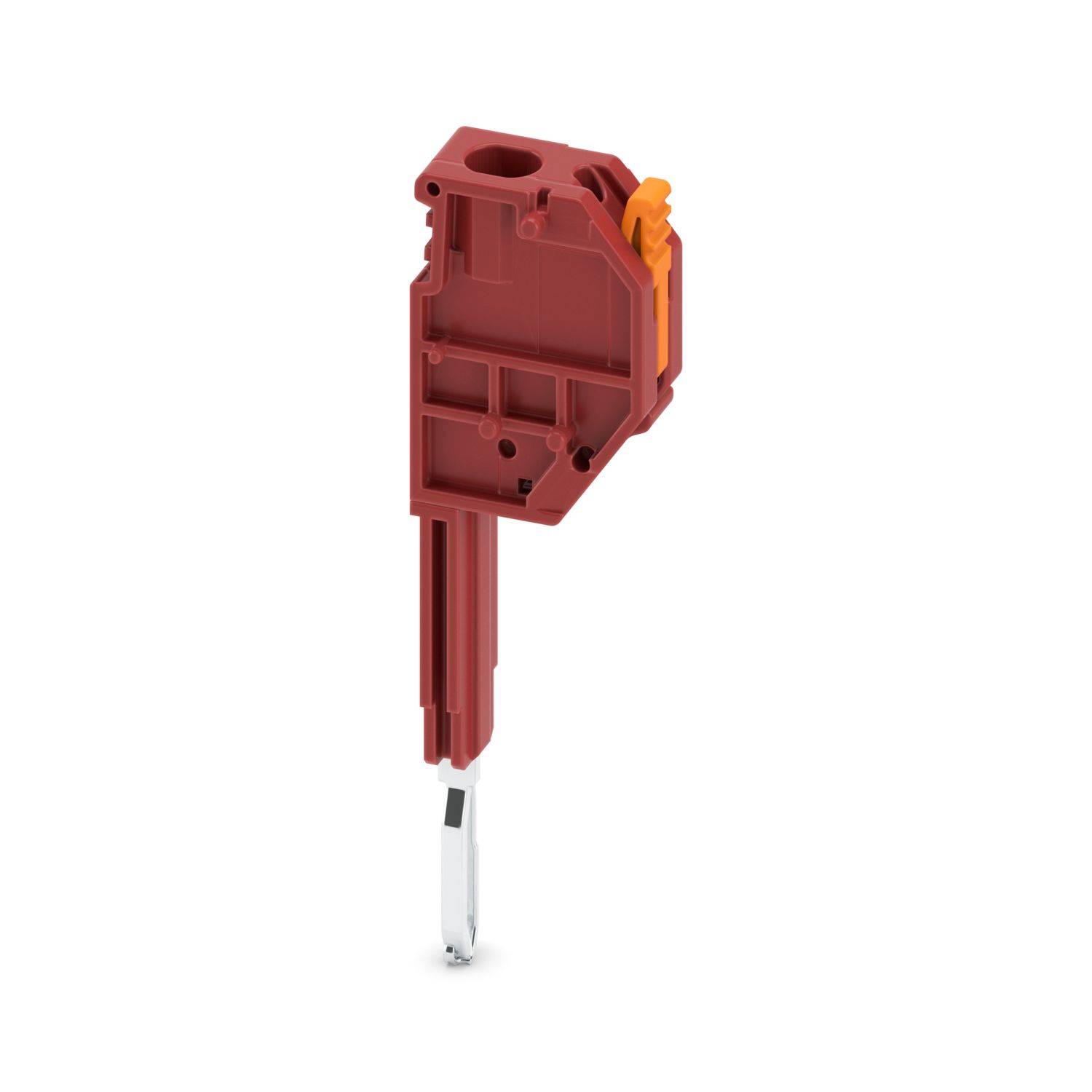 Roter isolierter elektrischer Steckverbinder mit einem einzelnen Metallstift und orangefarbenem Freigabeclip auf weißem Hintergrund.