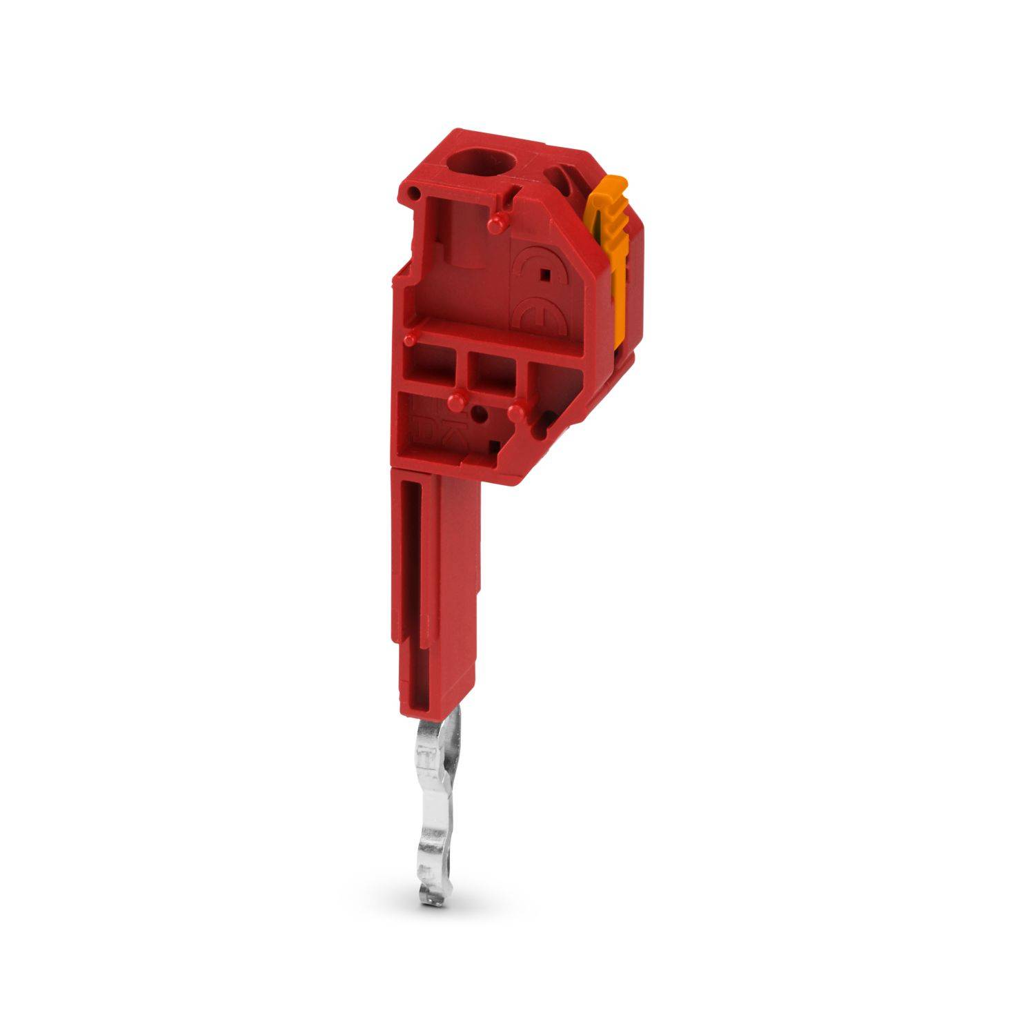 Rotes Elektrik-Klemmenblock mit einem einzelnen Metallsteckerkontakt, isoliert auf weißem Hintergrund.