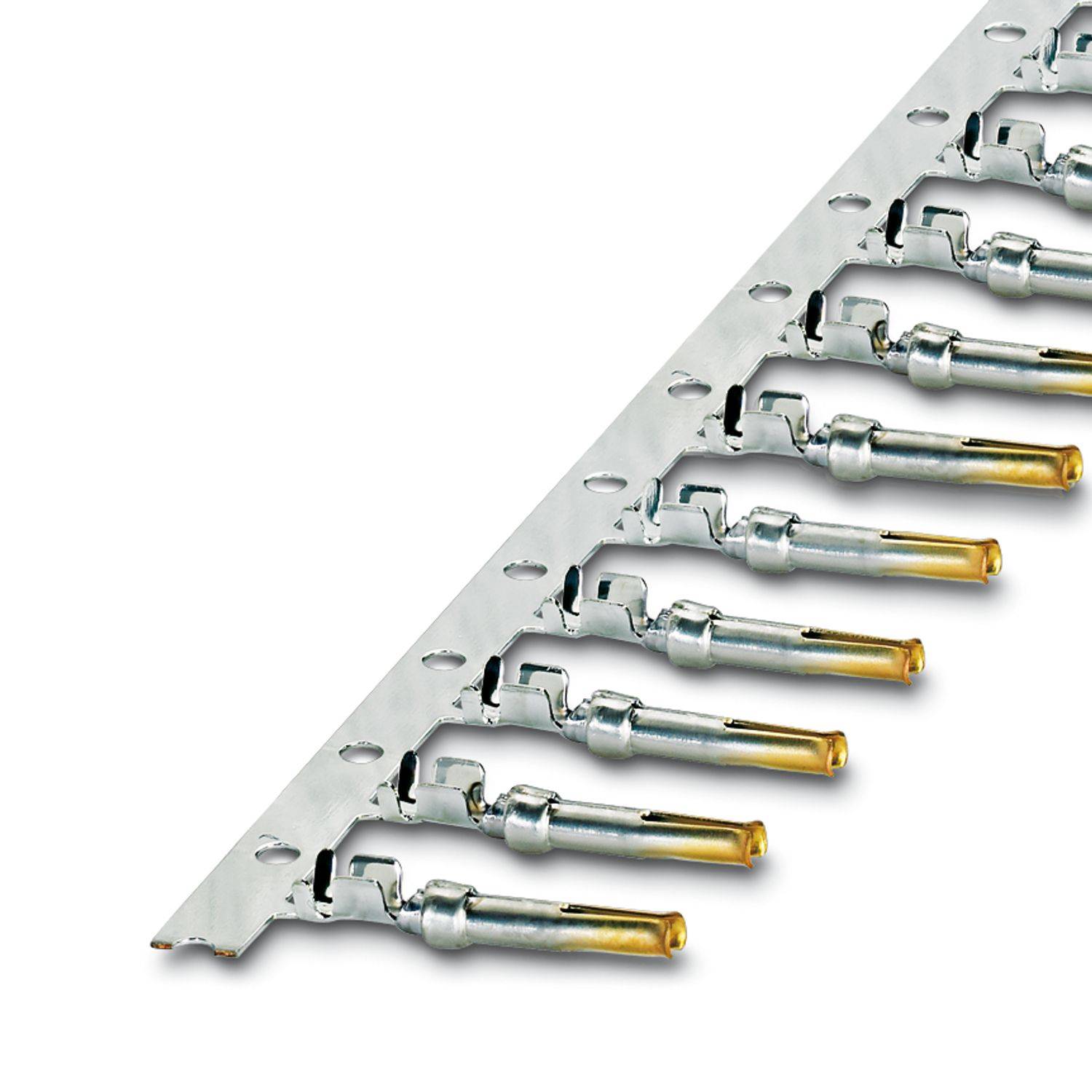 Reihe von gepressten Metallsteckverbinderklemmen auf einem perforierten Streifen, wahrscheinlich für Verdrahtungs- oder Kabelmontagezwecke.