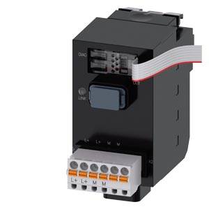 Schwarzes Industriesteuerungsmodul mit Flachbandkabel und Klemmleiste für elektrische Verkabelung.