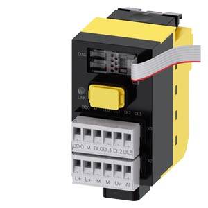 Industrielles Steuermodul mit gelbem und schwarzem Gehäuse, Anschlussklemmen und einem Flachbandkabel, das auf der rechten Seite angeschlossen ist.