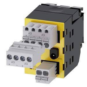 Industrielles Elektromodul mit mehreren grauen Anschlussblöcken, die auf einer schwarz-gelben Steuereinheit montiert sind, auf weißem Hintergrund gezeigt.