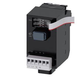 Schwarzes industrielles elektronisches Modul mit Flachbandkabel und unterem Anschlussblock, dargestellt in einer produktstylisierten Ansicht auf weißem Hintergrund.
