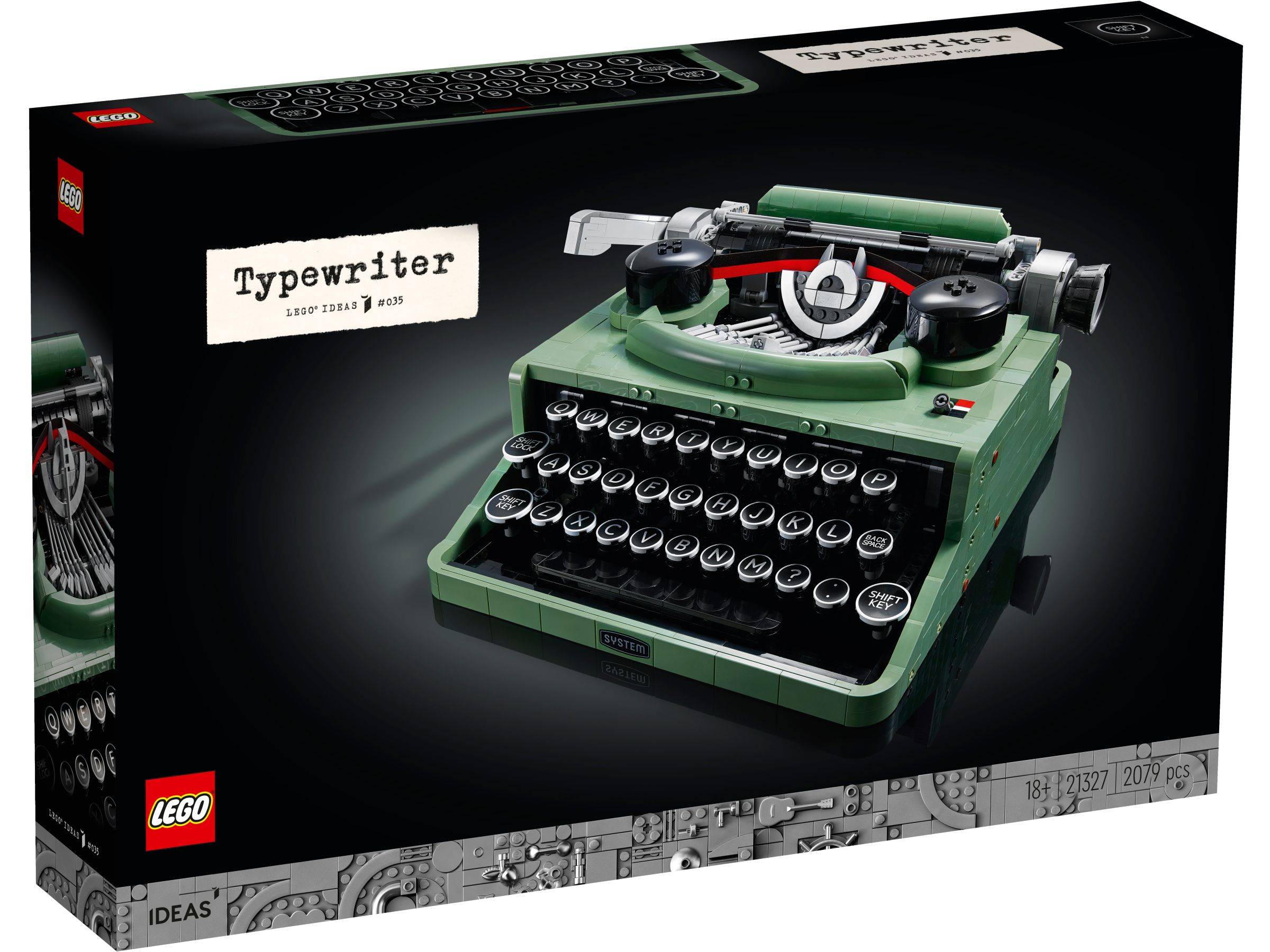 LEGO Ideas Schreibmaschinen-Set-Box mit einem grünen Vintage-Schreibmaschinen-Modell, mit dem Produktnamen 