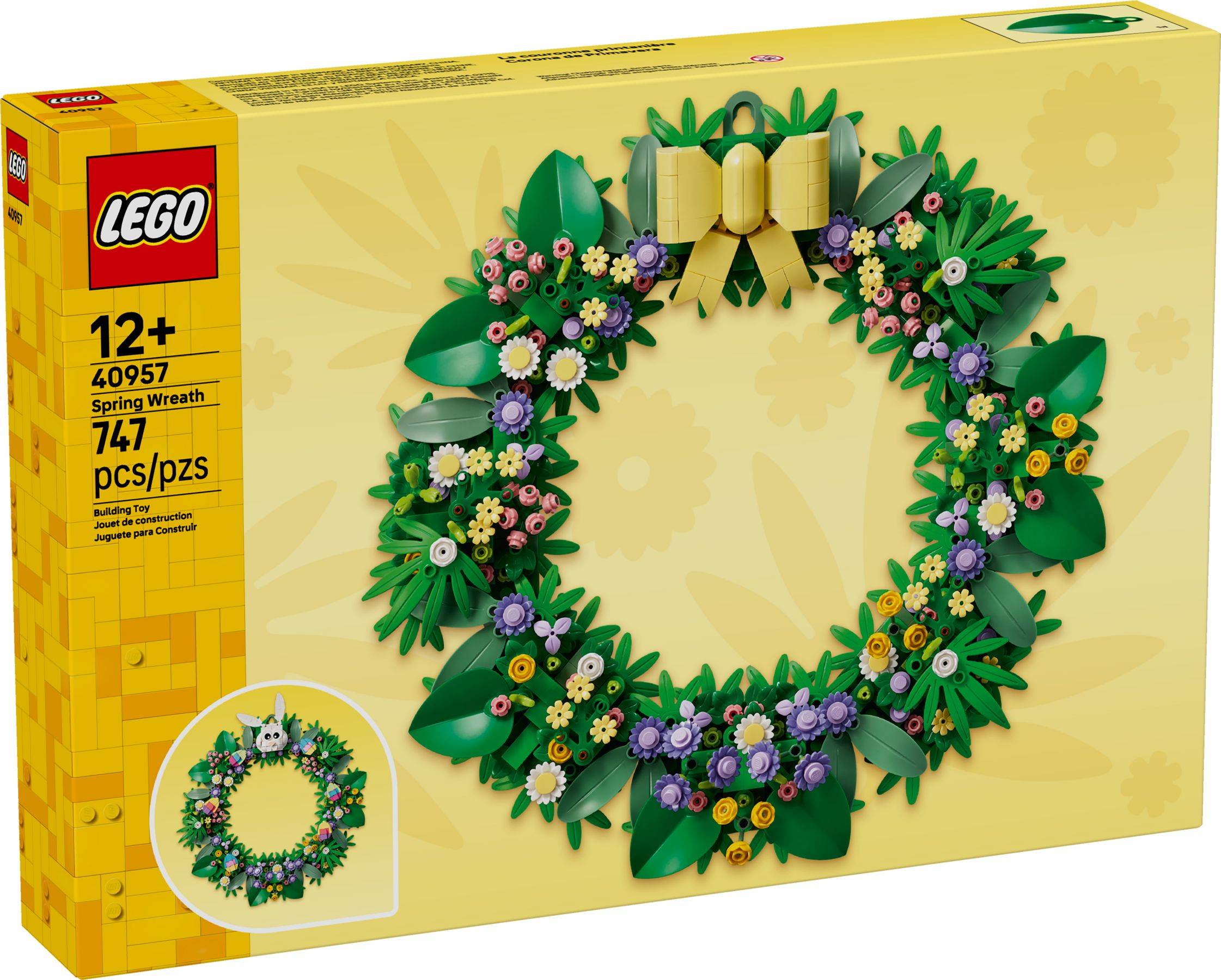 LEGO Frühlings-Türkranz Bauset Karton, ab 12 Jahren, 747 Teile, zeigt einen grünen Blumenkranz mit Blumen und Schleife auf gelbem Hintergrund.