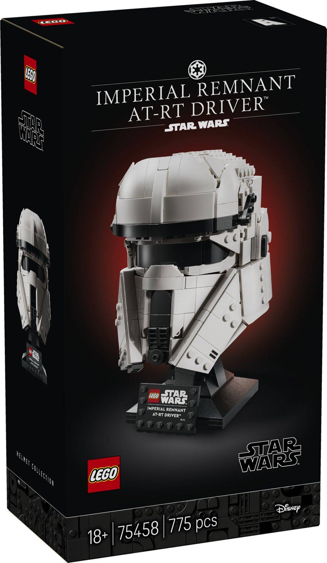 LEGO Star Wars Imperial Remnant AT-RT Treibergruppe Produktverpackung zeigt ein weißes gepanzertes Helmmodell auf einem schwarzen Displayständer, gekennzeichnet mit 18+, 75458, 775 Teile.