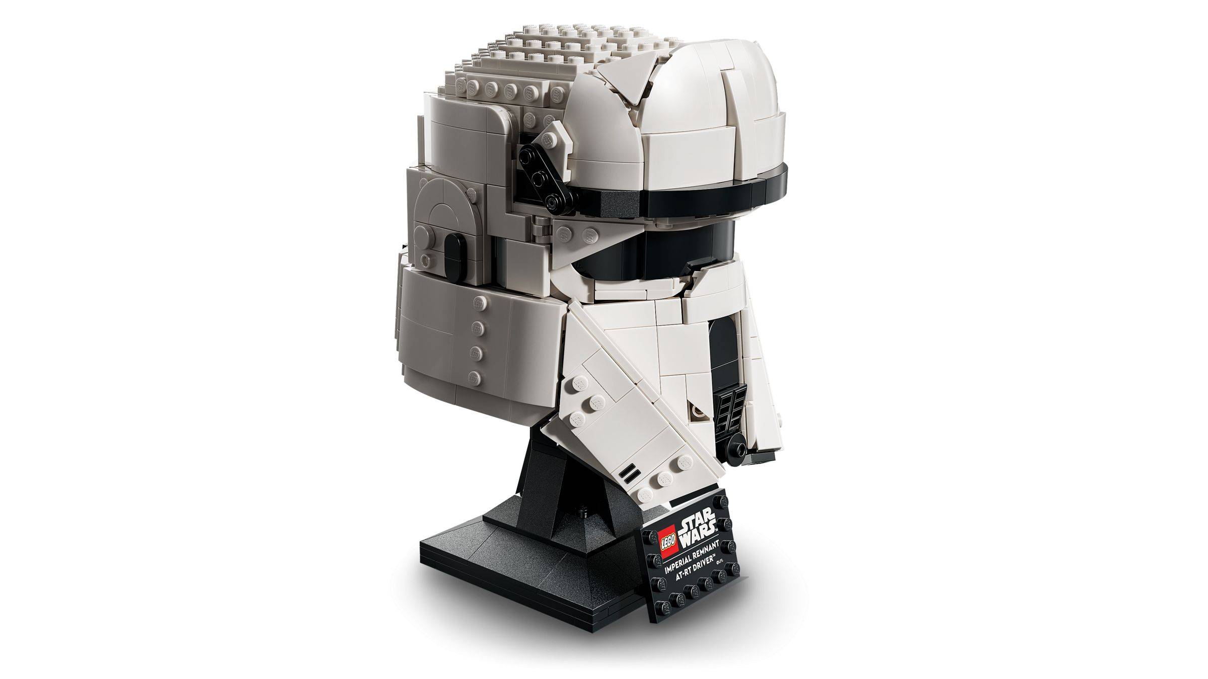 LEGO-ähnliches Helmausstellungsmodell eines Star Wars Imperiums-/Klonkriegers auf schwarzem Ständer, gezeigt in Weiß und Grau mit schwarzem Visier.
