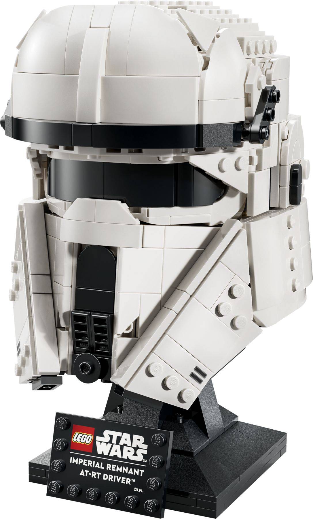 LEGO Star Wars Imperial Remnant AT-RT Fahrerhelm Ausstellungsmodell auf schwarzem Ständer mit Namensschild.