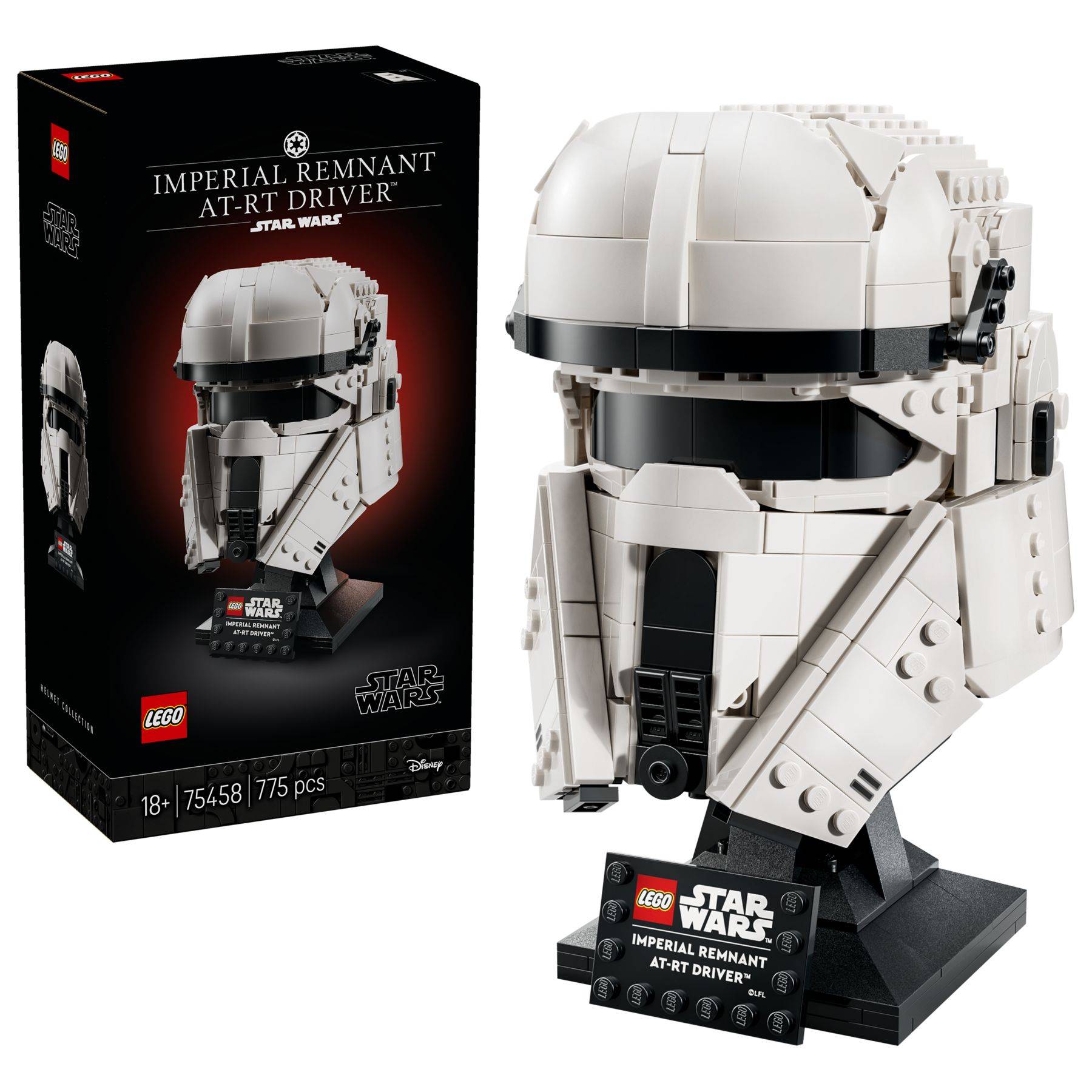 LEGO Star Wars Imperialer Überrest AT-RT Fahrerhelm Anzeigekollektion mit Schachtel, gezeigt auf einem Ständer mit Namensschild.