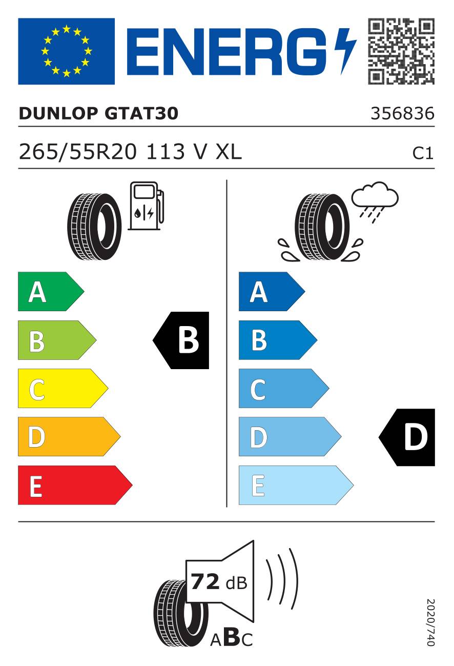 EU-Reifenetikett für DUNLOP GTAT30 265/55R20 113 V XL, mit Kraftstoffeffizienz B, Nassgriff D und Lautstärke 72 dB.