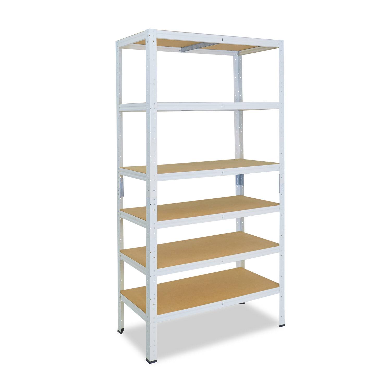 Hohes weißes Metalllagerschranksystem mit fünf beigen Regalen auf einfachem weißem Hintergrund.