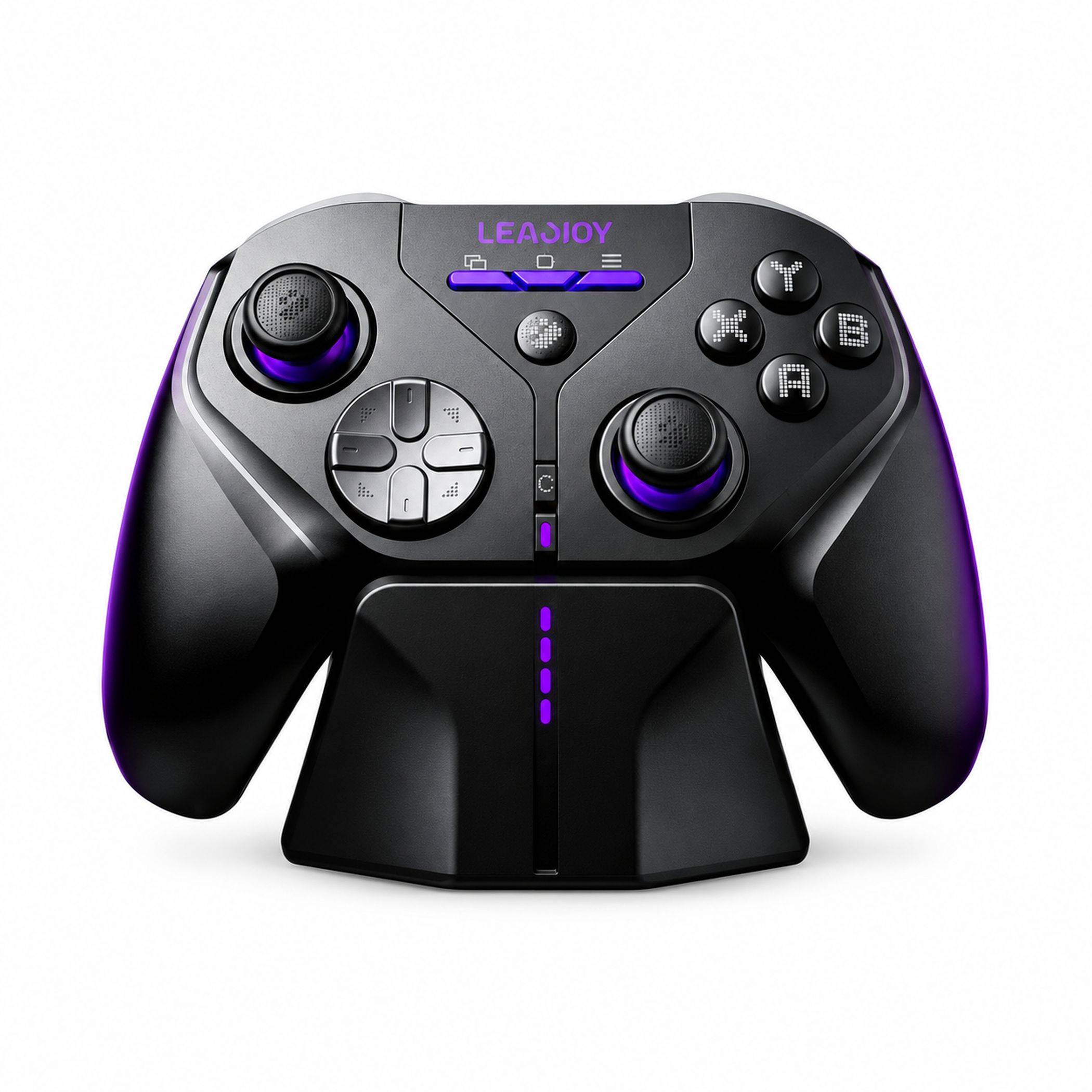 Schwarzer drahtloser Spiel-Controller mit violetten LED-Akzenten, dualen analogen Sticks, D-Pad und ABXY-Tasten, zentriert auf weißem Hintergrund.