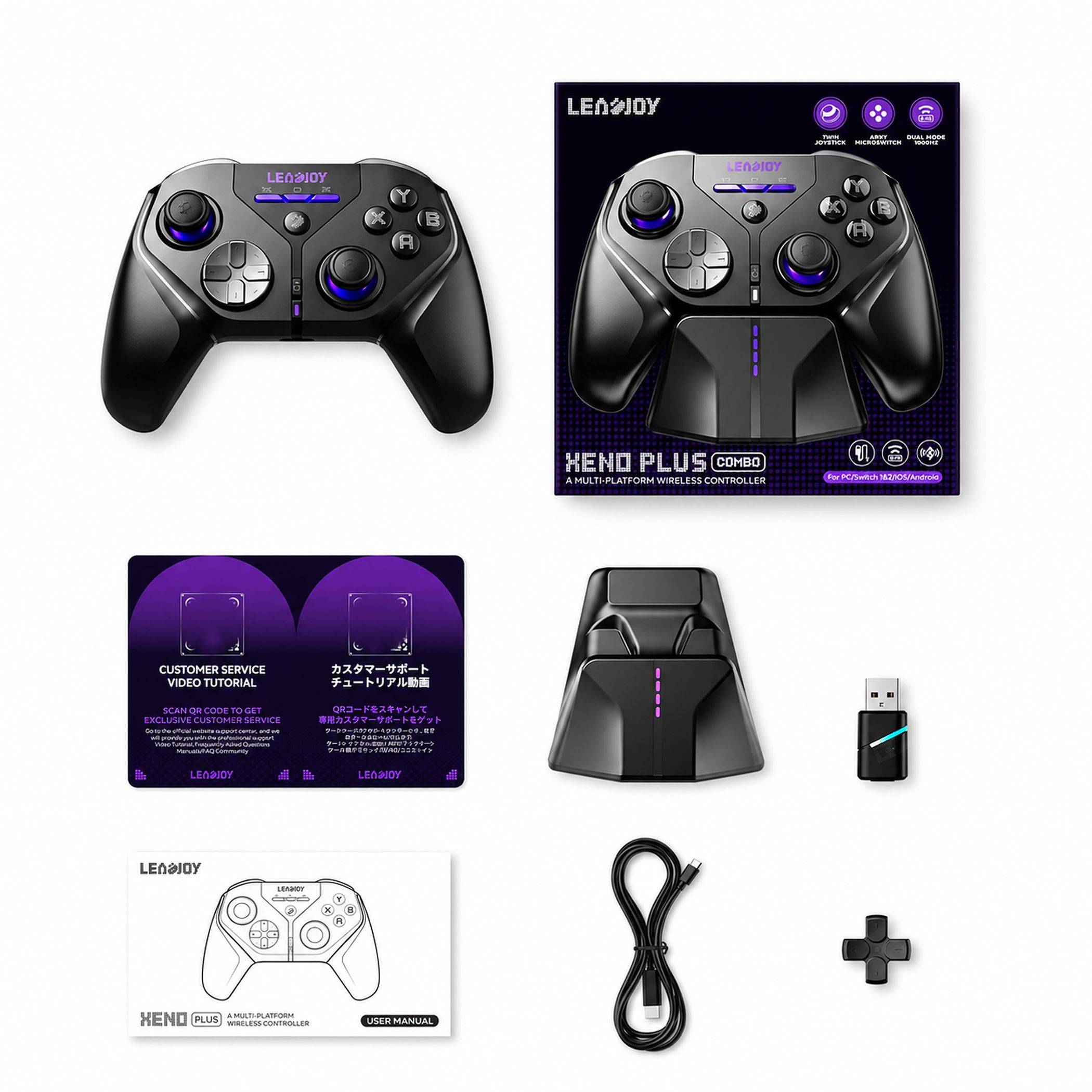 Produktkollage, die einen LEADJOY Xeno Plus kabellosen Spiele-Controller, seine Einzelhandelsverpackung, Ladestation, USB-Empfänger, Kabel, Ersatz-D-Pad und Bedienungsanleitungen zeigt.