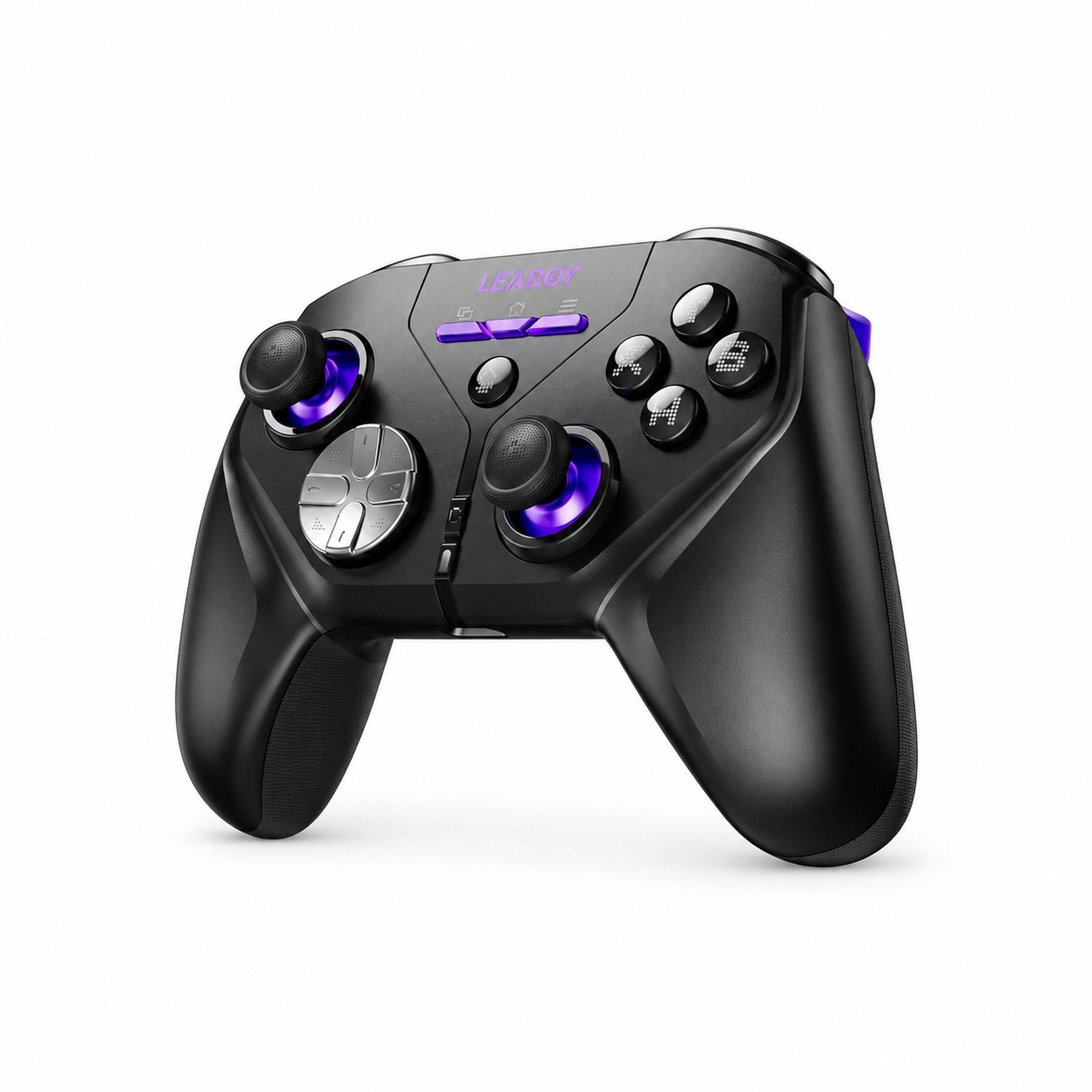 Schwarzer kabelloser Spielecontroller mit violett beleuchteten Joysticks und Tasten auf weißem Hintergrund.