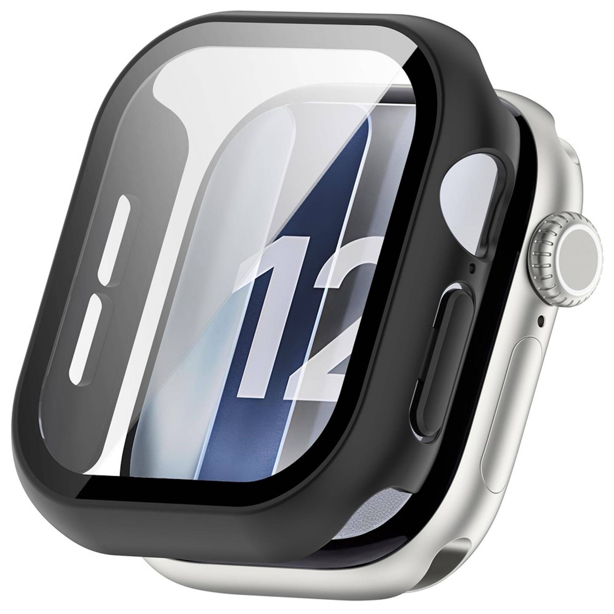 Robuste schwarze Schutzhülle auf einer Apple Watch, die das Zifferblatt mit der Nummer 12 zeigt.