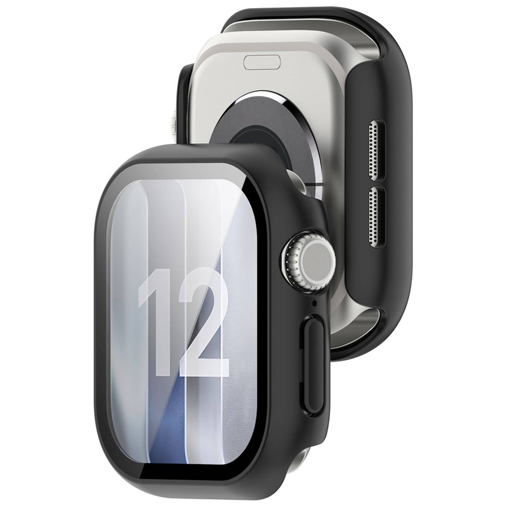 Zwei schwarze Smartwatch-Gehäuse von vorne und hinten gezeigt, eines mit der Nummer „12" angezeigt, auf weißem Hintergrund.