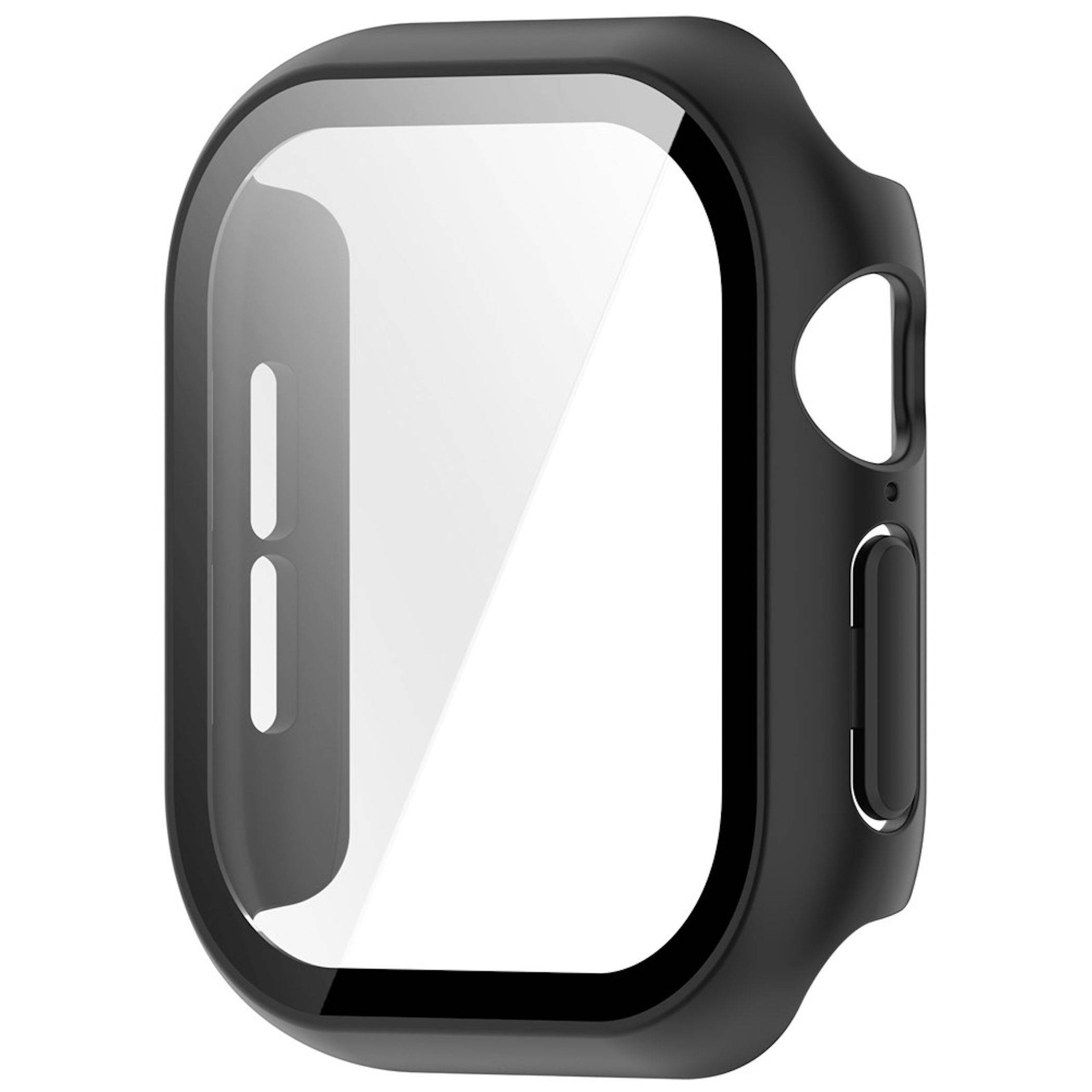 Schwarze Schutzcase für Smartwatch mit transparenter Frontschutzfolie und seitlichen Aussparungen für Tasten, perspektivisch auf weißem Hintergrund dargestellt.