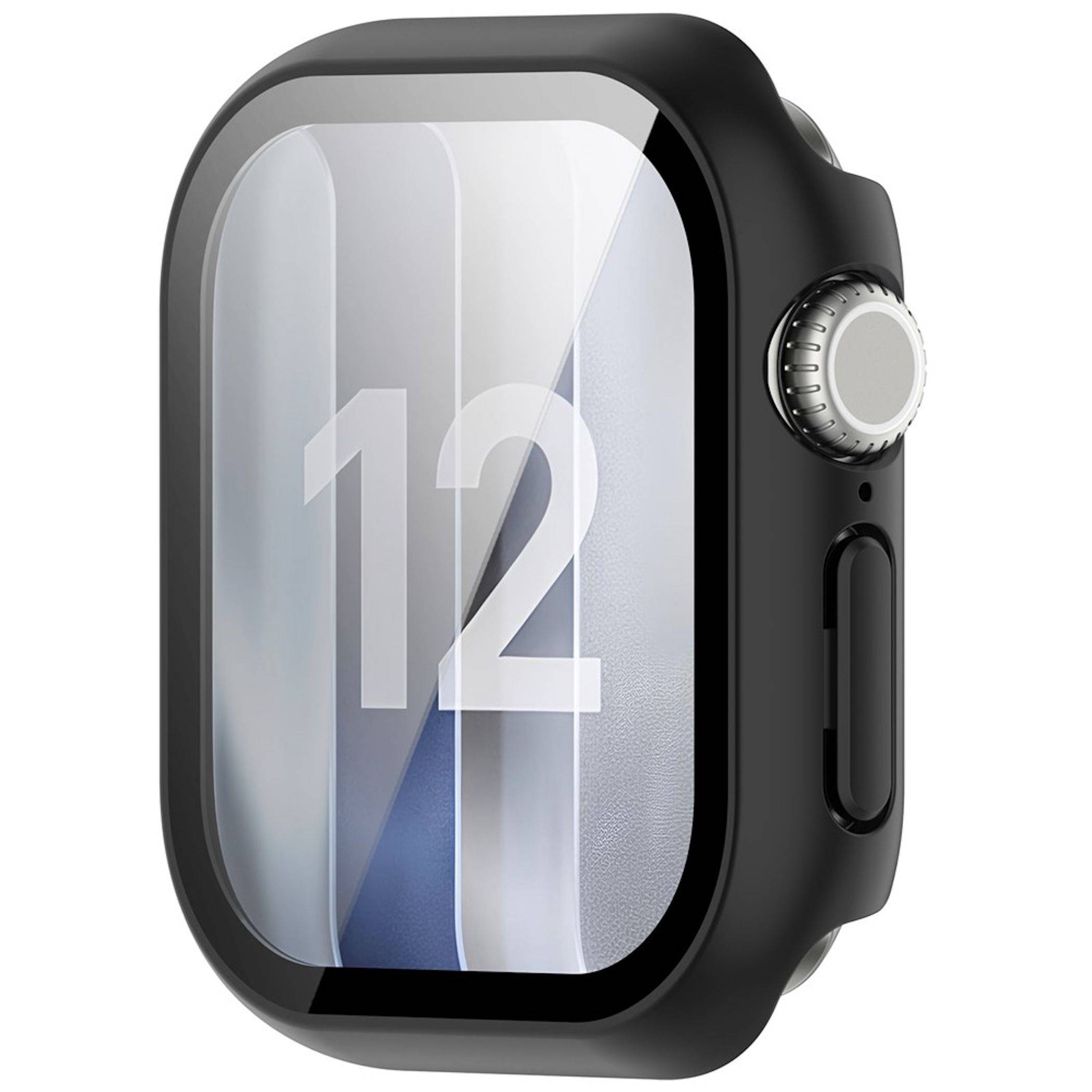 Schwarzes Smartwatch-Gehäuse mit Glasfront, die die Zahl „12" anzeigt, und einer silbernen Krone auf der rechten Seite.