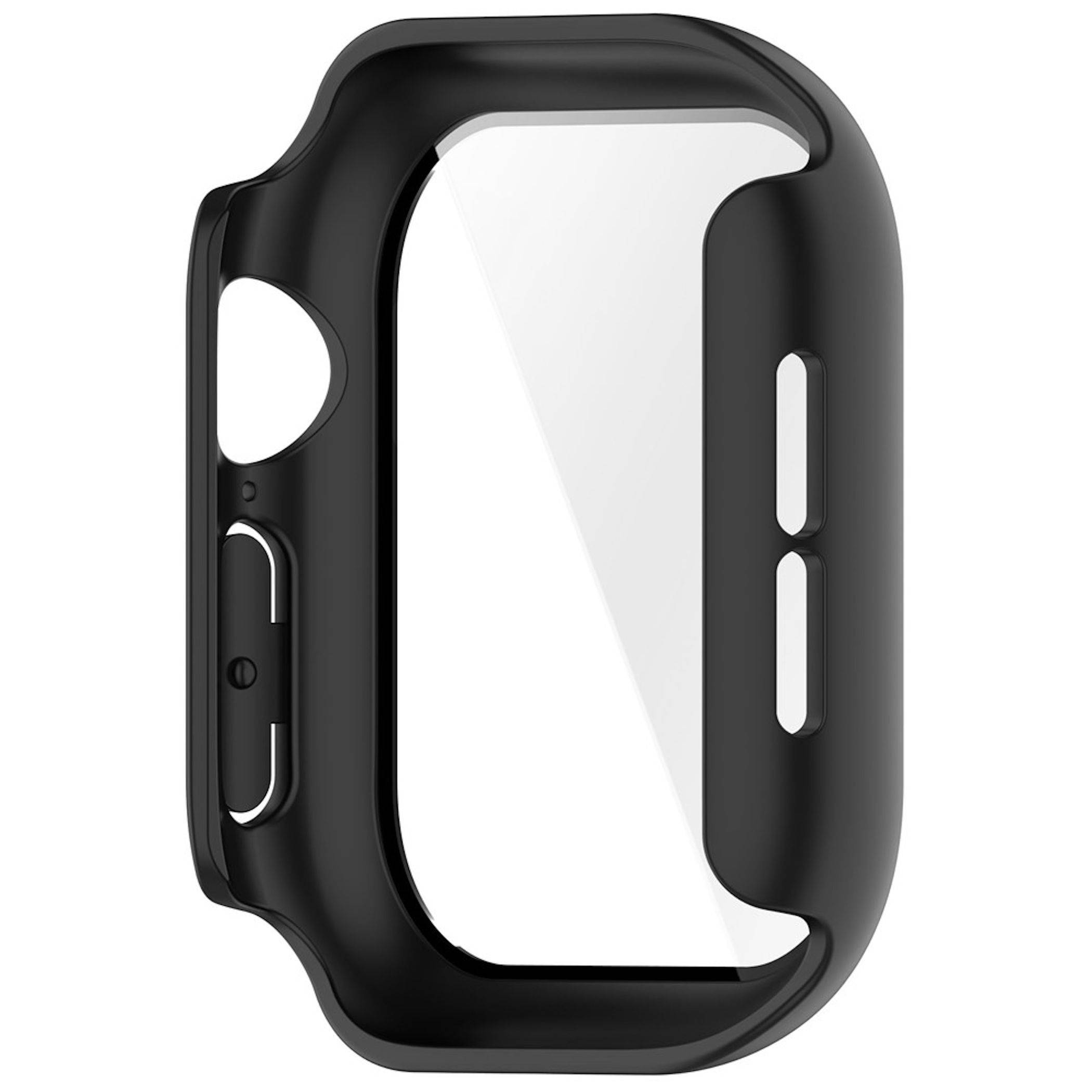 Schwarze Schutzhülle für eine rechteckige Smartwatch mit Aussparungen für die Seitentaste und Bedienelemente.