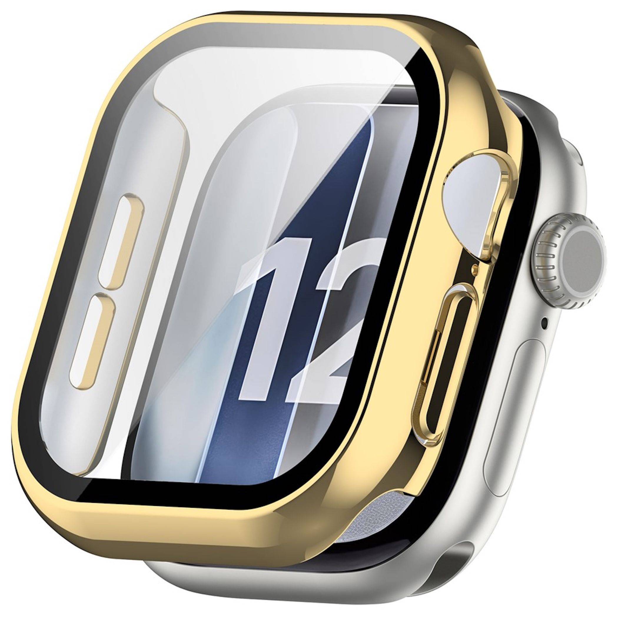 Nahaufnahme einer goldgerahmten Smartwatch mit durchsichtiger Schutzhülle, auf deren Display die Zahl 12 zu sehen ist.