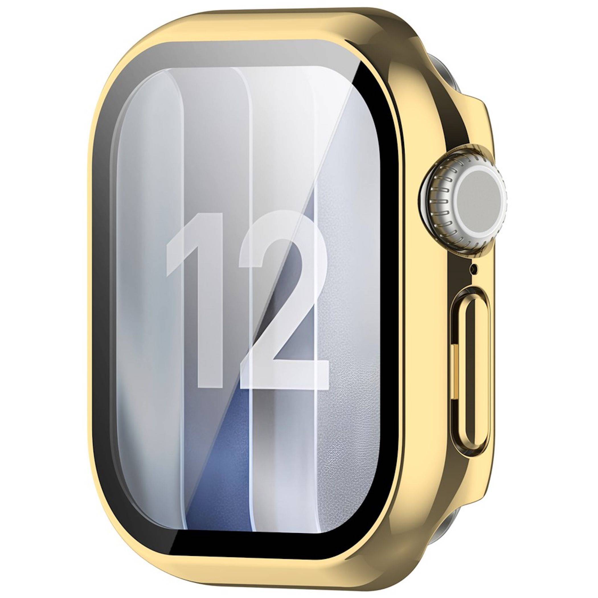 Goldene Smartwatch mit rechteckigem Zifferblatt, die auf dem Bildschirm '12' anzeigt, in Schrägansicht vor weißem Hintergrund.