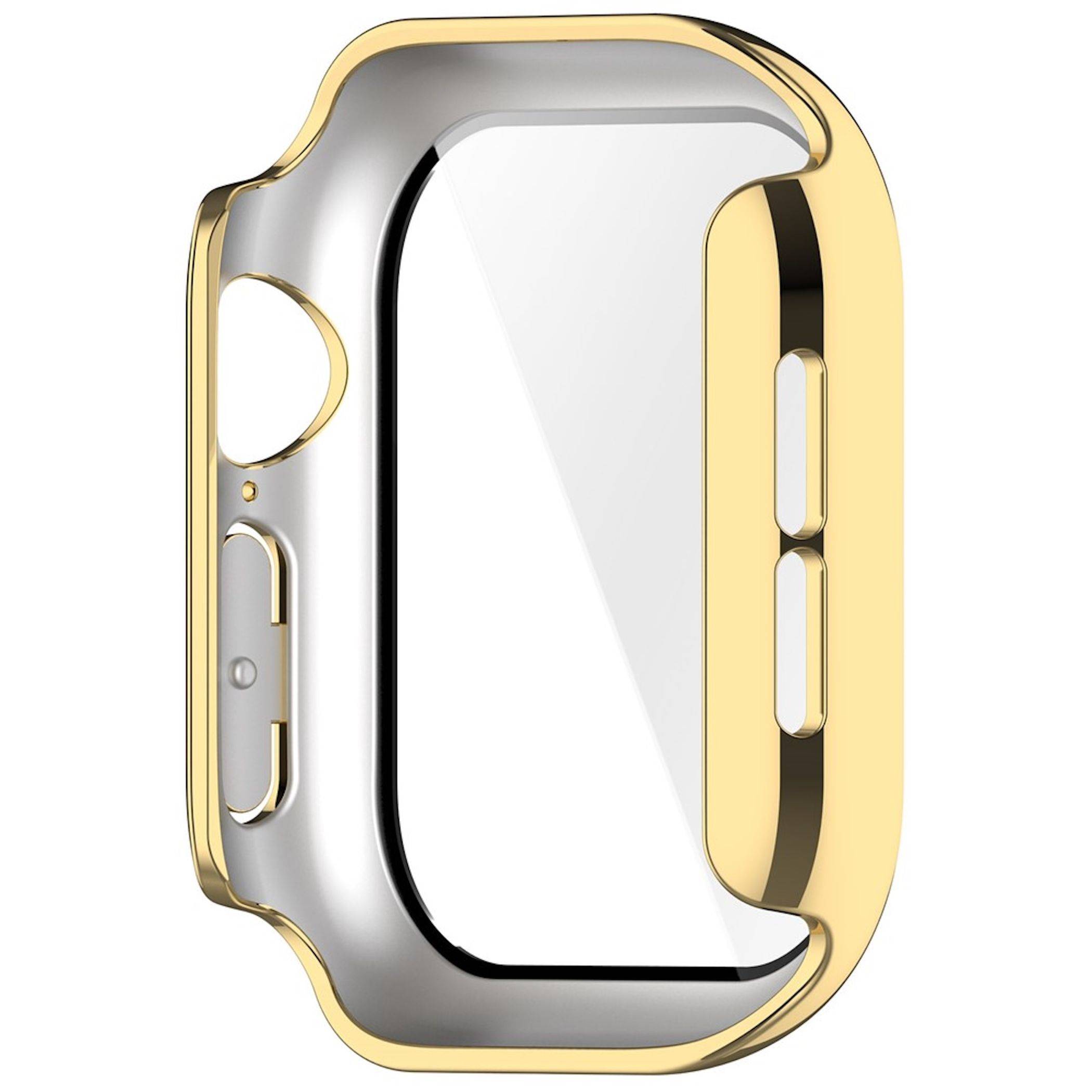 Schutzgehäuse für Smartwatch aus Gold und Silber mit Ausschnitten für die Digital Crown und die Seitentasten.