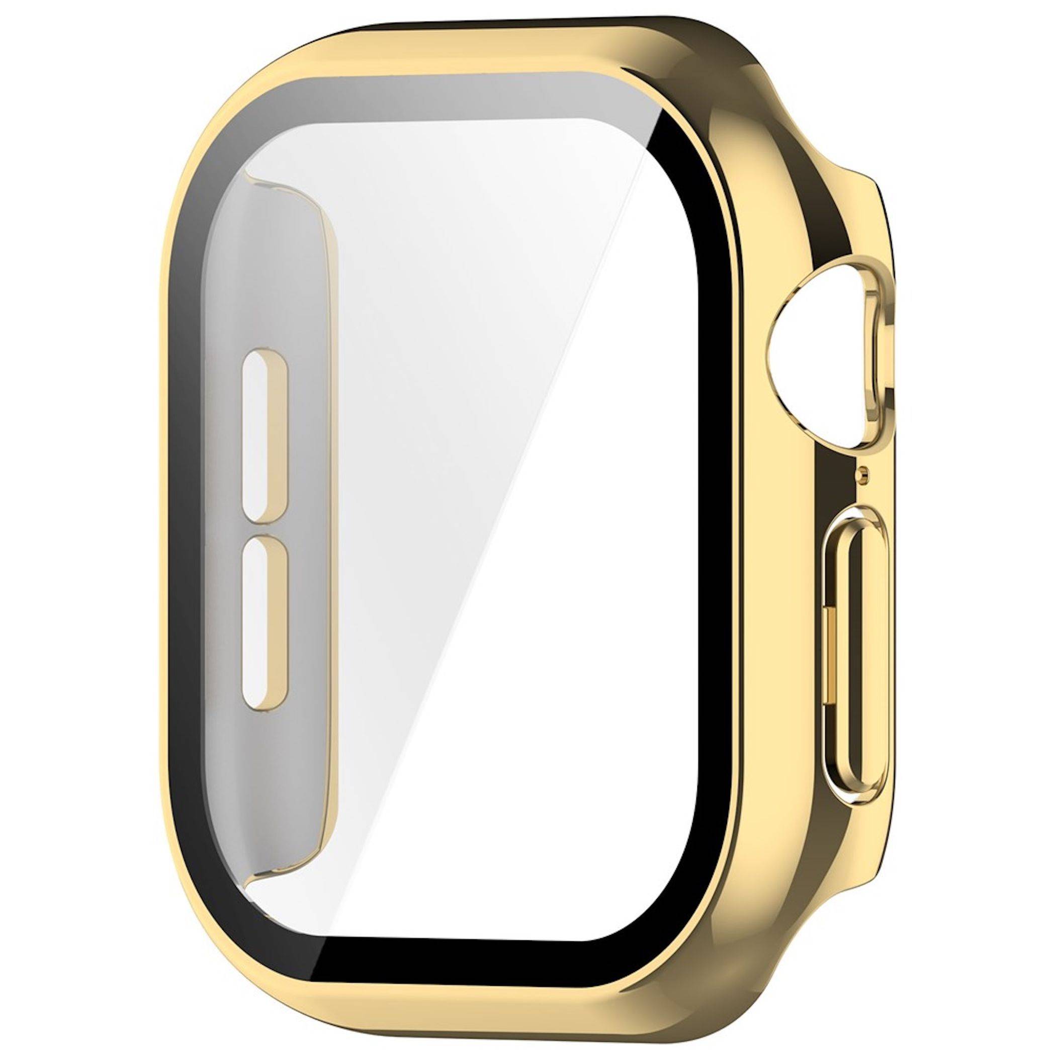 Goldschutzhülle für eine Smartwatch, in Dreiviertelsicht gezeigt mit klarer Vorderseite und Knopfausschnitten an der Seite.