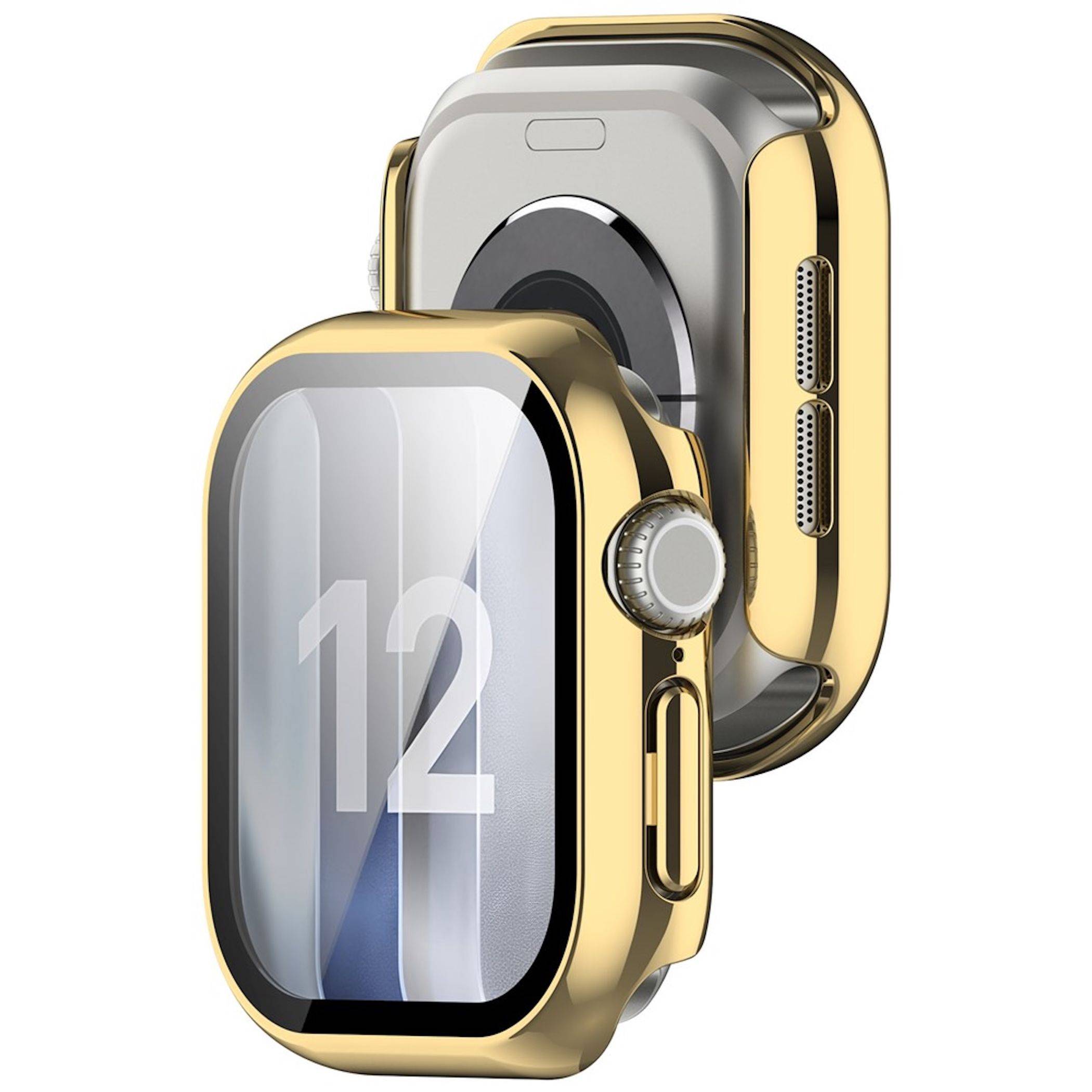 Zwei Gold-und-Silber-Smartwatch-Gehäuse, von vorne und hinten dargestellt, mit einer digitalen „12" auf dem vorderen Display und sichtbarer Seitenkrone/Tasten.