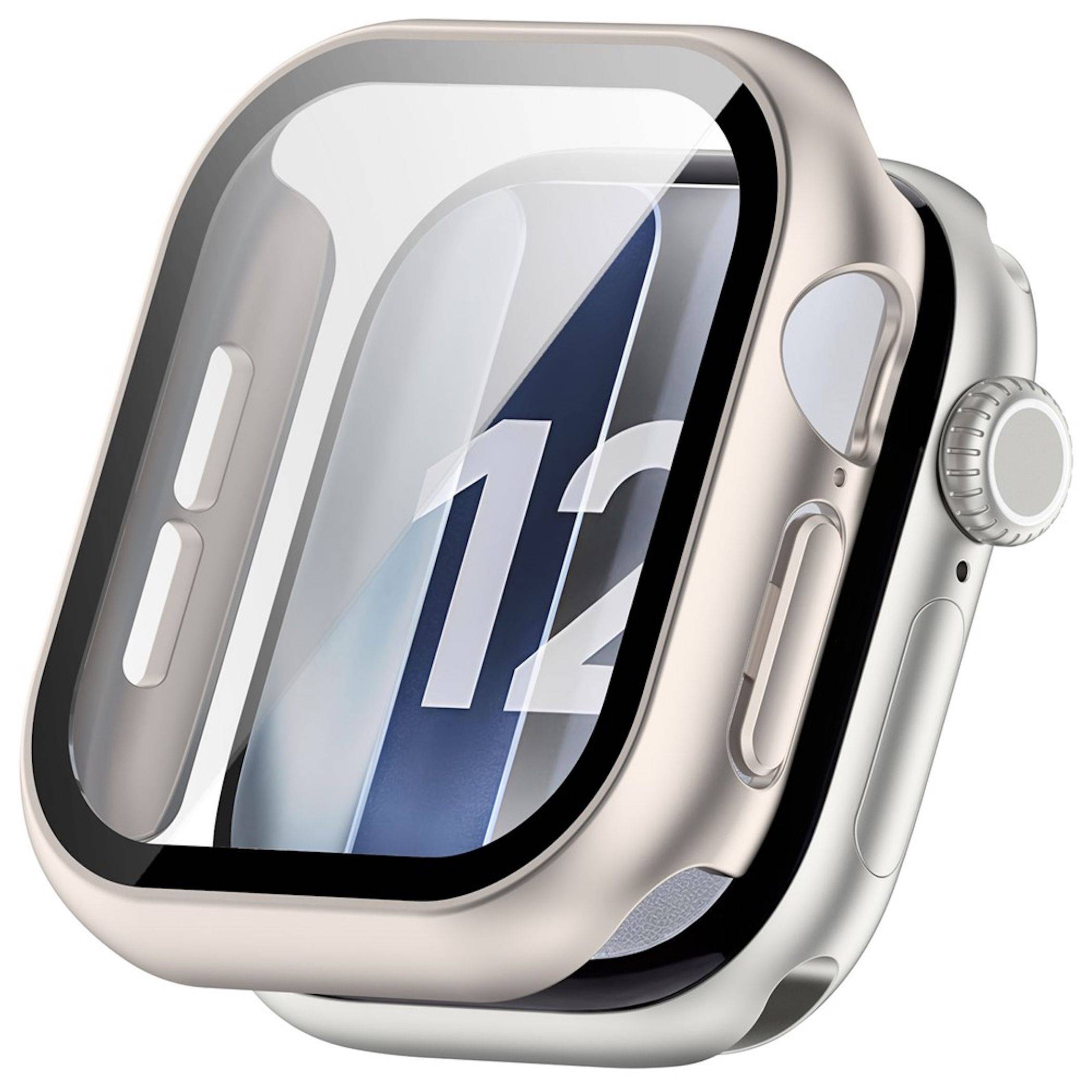 Nahaufnahme einer Apple Watch mit silbernem Gehäuse und transparenter Schutzfolie, auf dem Display die Ziffer 12 sichtbar.