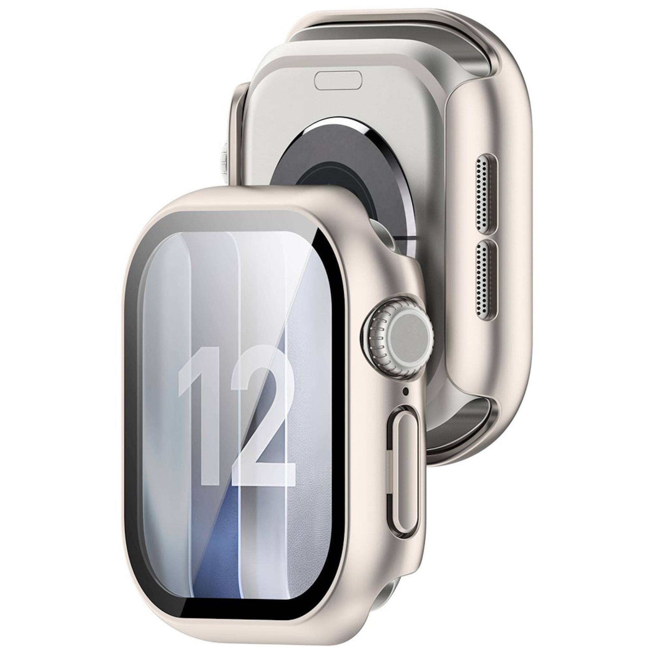 Zwei silberne Smartwatches, eine zeigt die Nummer 12 auf ihrem Bildschirm, von vorne und von hinten auf weißem Hintergrund angezeigt.