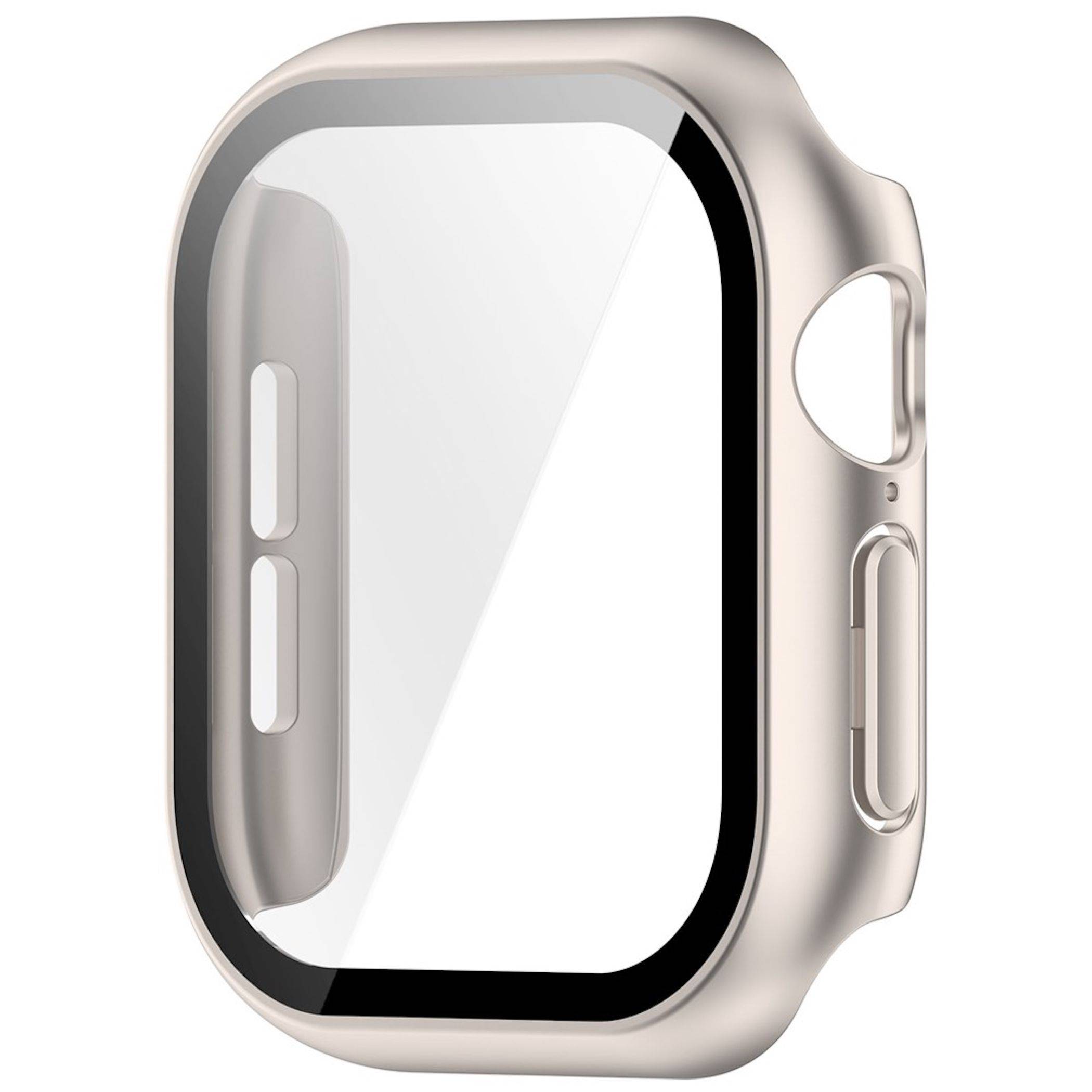 Silbernes Apple Watch Gehäuse mit durchsichtigem Displayschutz und Öffnungen für die Seitentasten, gezeigt auf weißem Hintergrund.