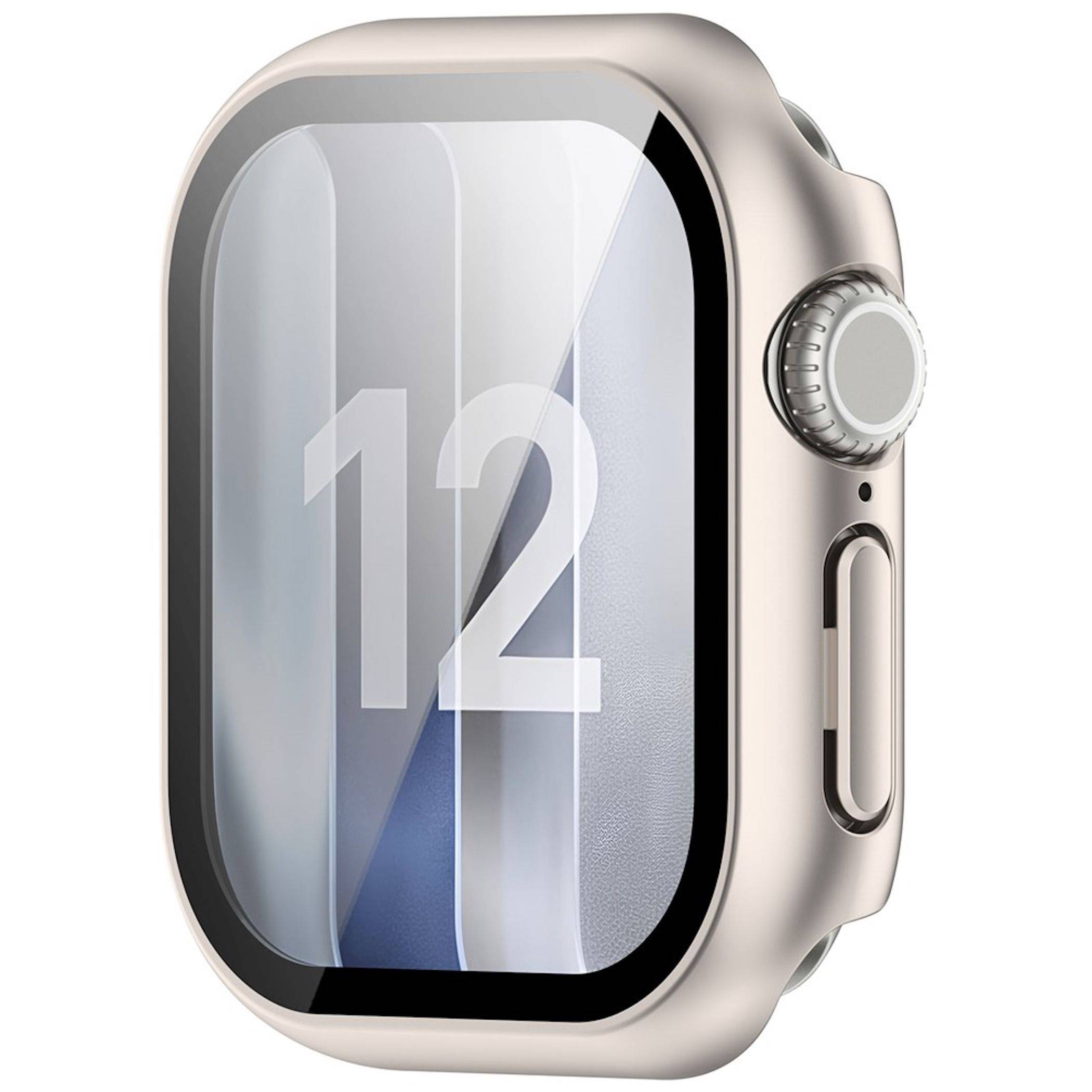 Silberne Apple Watch mit hellem Display, das die Zahl „12" anzeigt, aus einem Winkel auf weißem Hintergrund betrachtet.