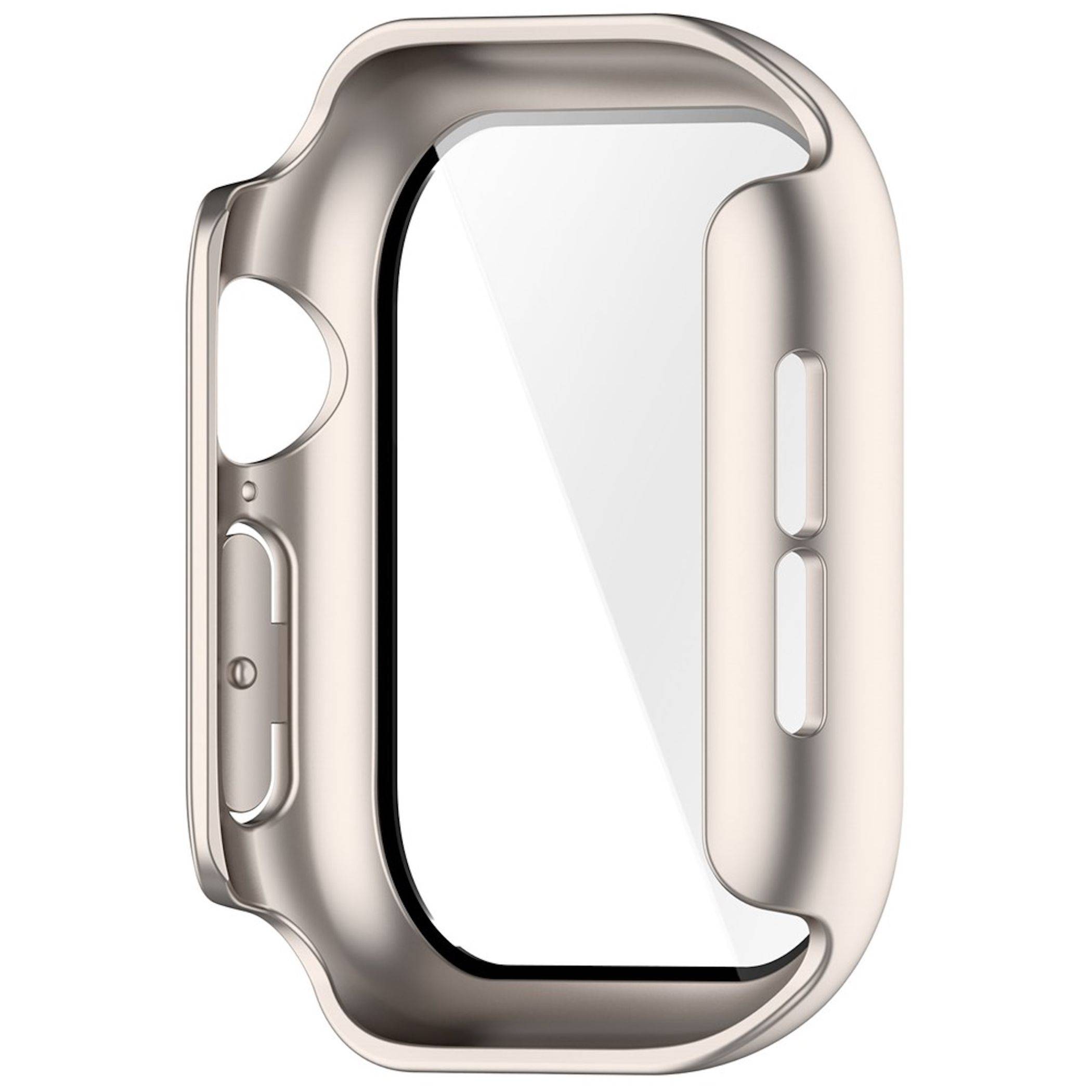 Silberschutzgehäuse für eine Smartwatch, Vorderansicht mit Ausschnitten für Tasten und Riemenbefestigung.