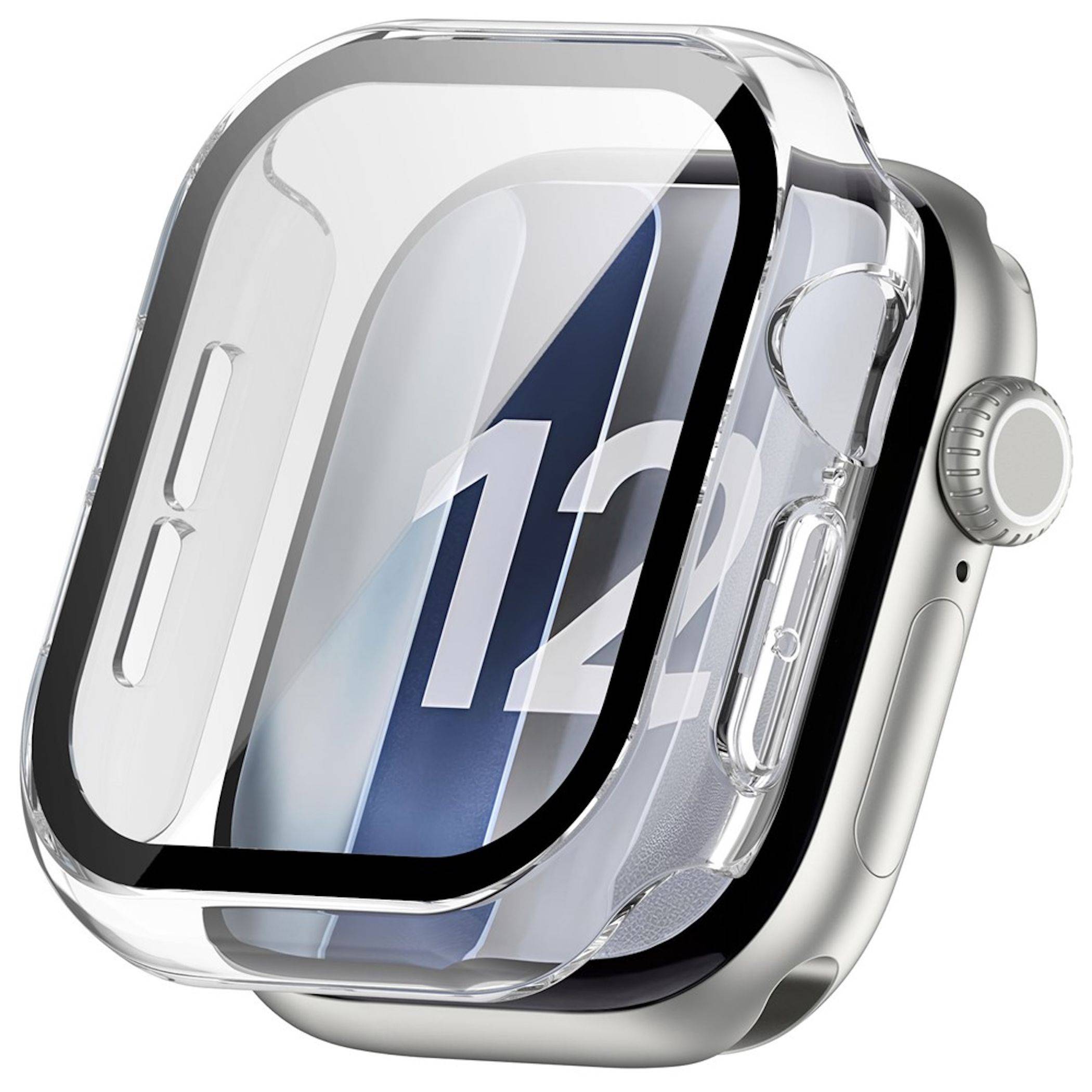 Apple Watch mit einer durchsichtigen Schutzhülle, in Nahaufnahme auf weißem Hintergrund gezeigt, wobei das Ziffernblatt die Uhrzeit '12' anzeigt.