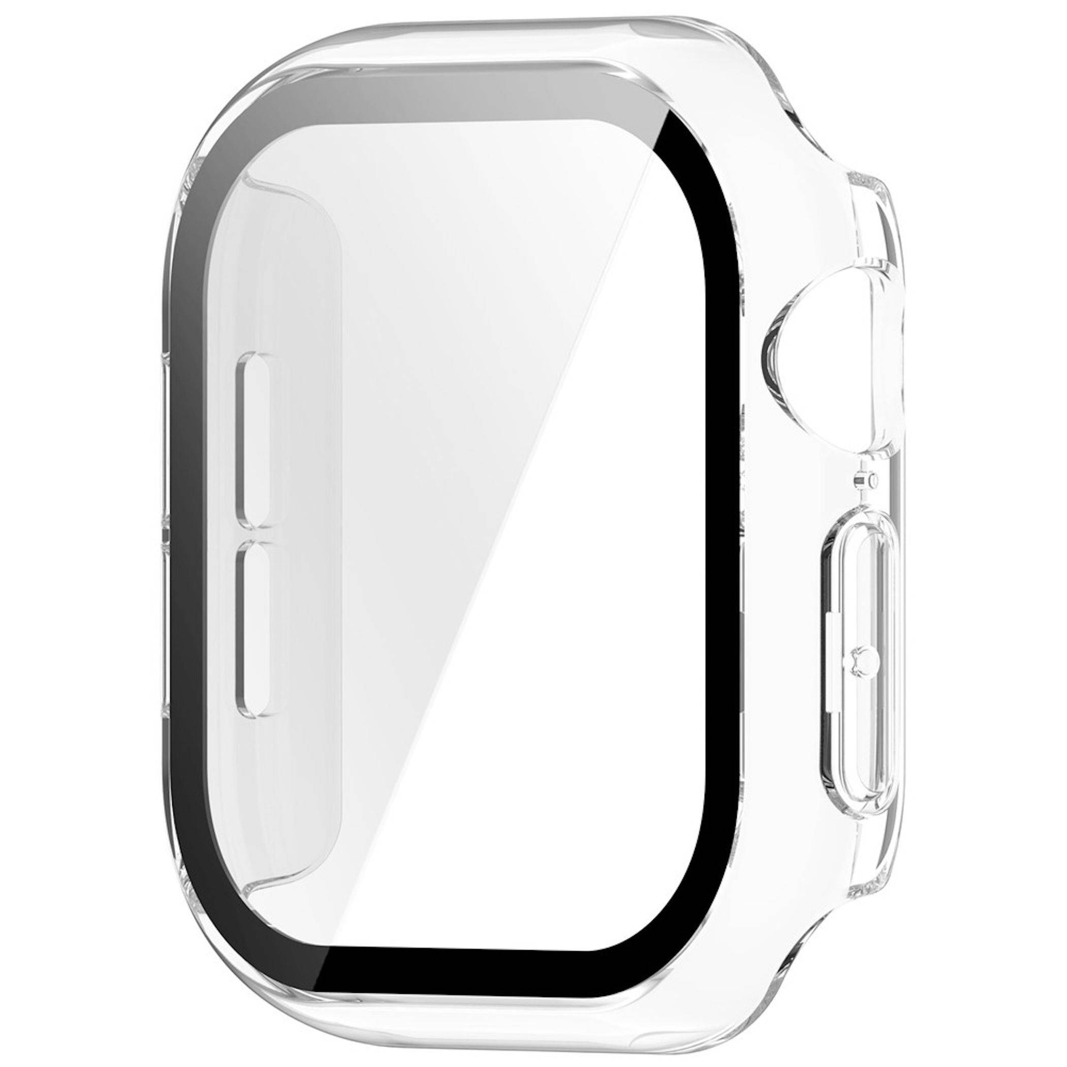 Transparente Schutzgehäuse für Smartwatch in Vorderansicht auf weißem Hintergrund.