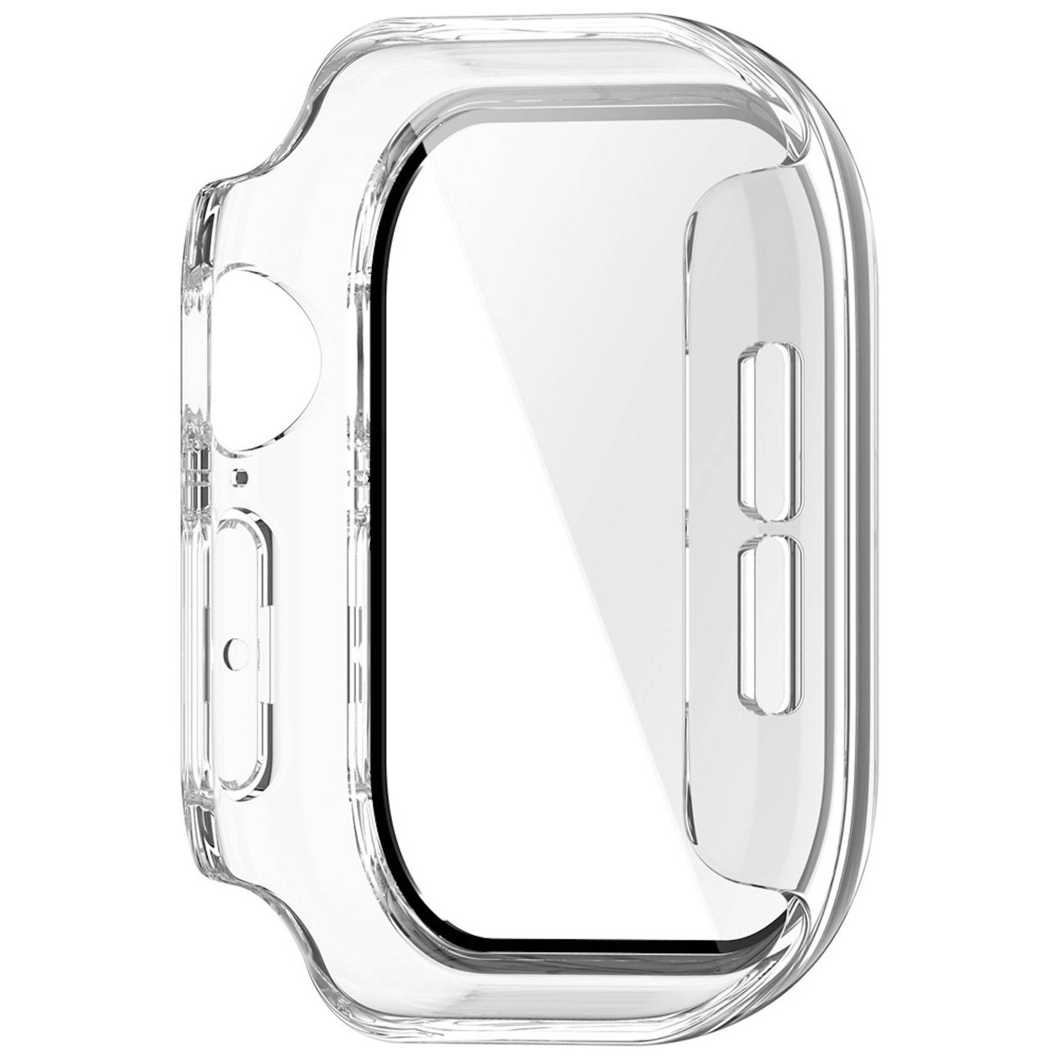Transparente schützende Smartwatch-Hülle mit Aussparungen für die Seitentaste und die Krone, gezeigt auf weißem Hintergrund.