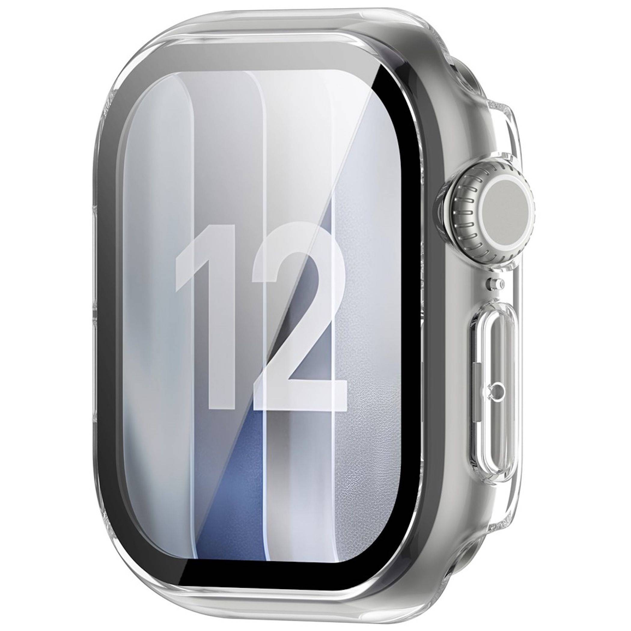 Silberne Smartwatch mit rechteckigem Gehäuse, das die Nummer „12