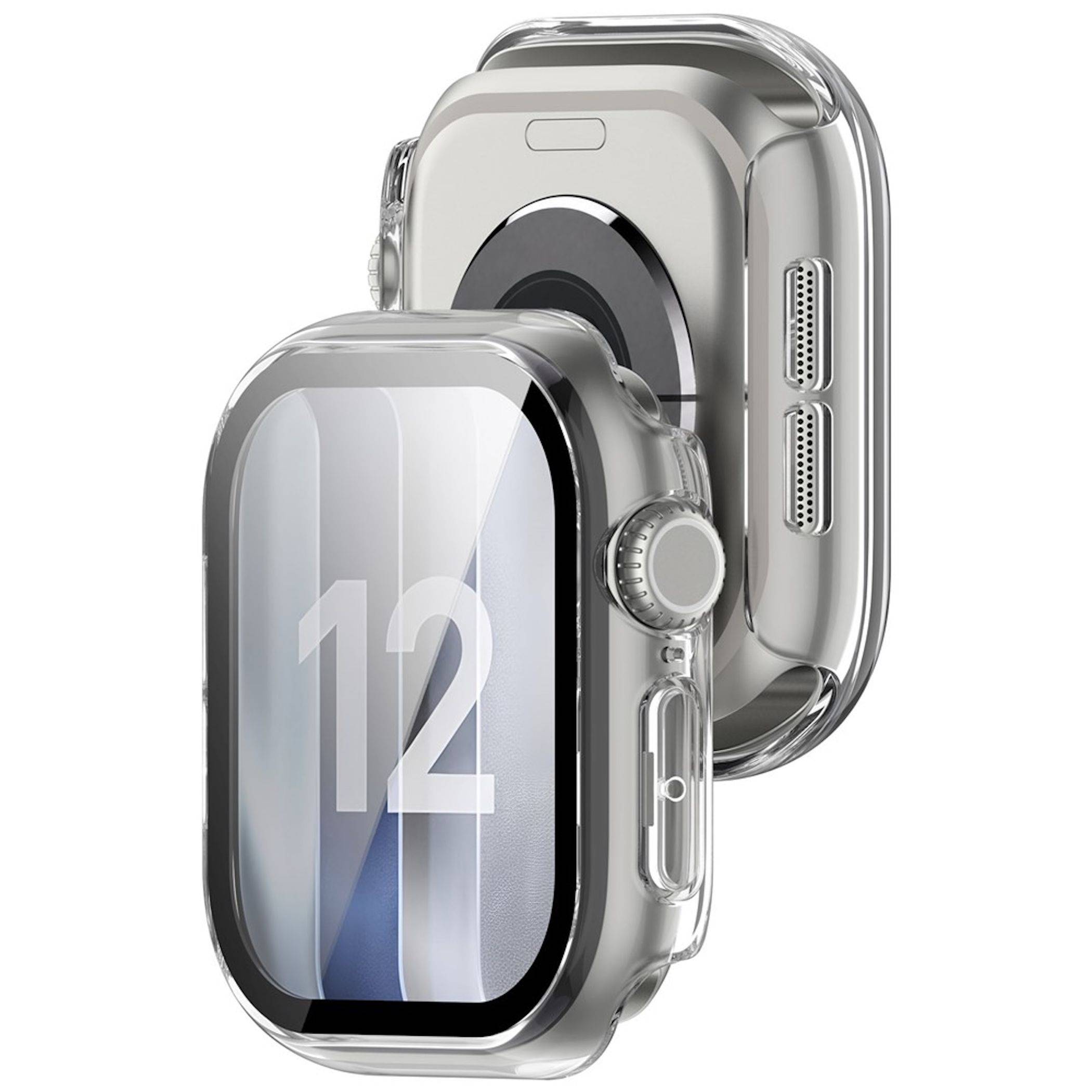 Zwei transparente Schutzhüllen für eine Smartwatch, Vorder- und Rückseite in silberner Metallicoberfläche gezeigt.