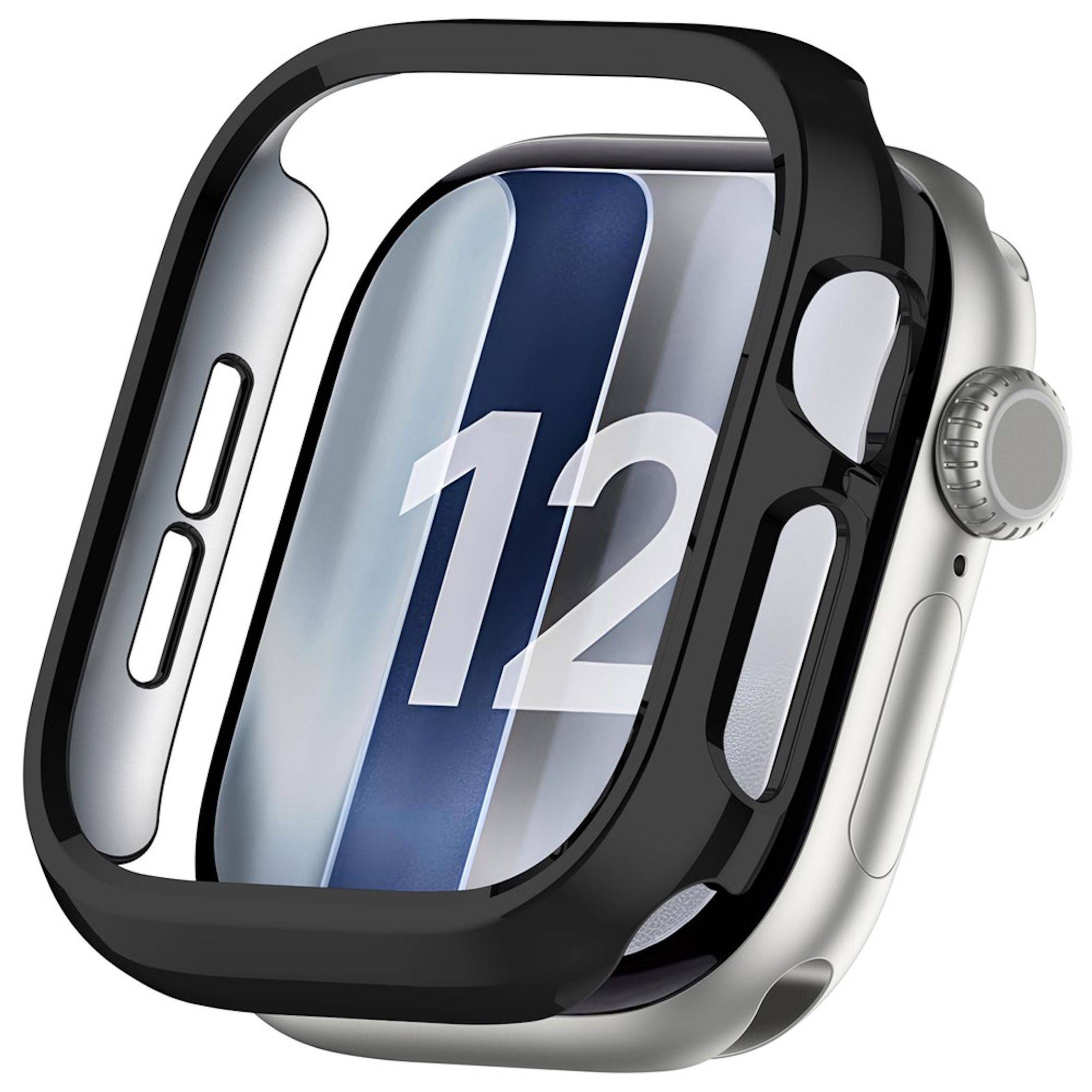 Nahaufnahme einer Apple Watch mit schwarzem Schutzgehäuse, die das Zifferblatt mit der Zahl 12 auf blauem Hintergrund zeigt.