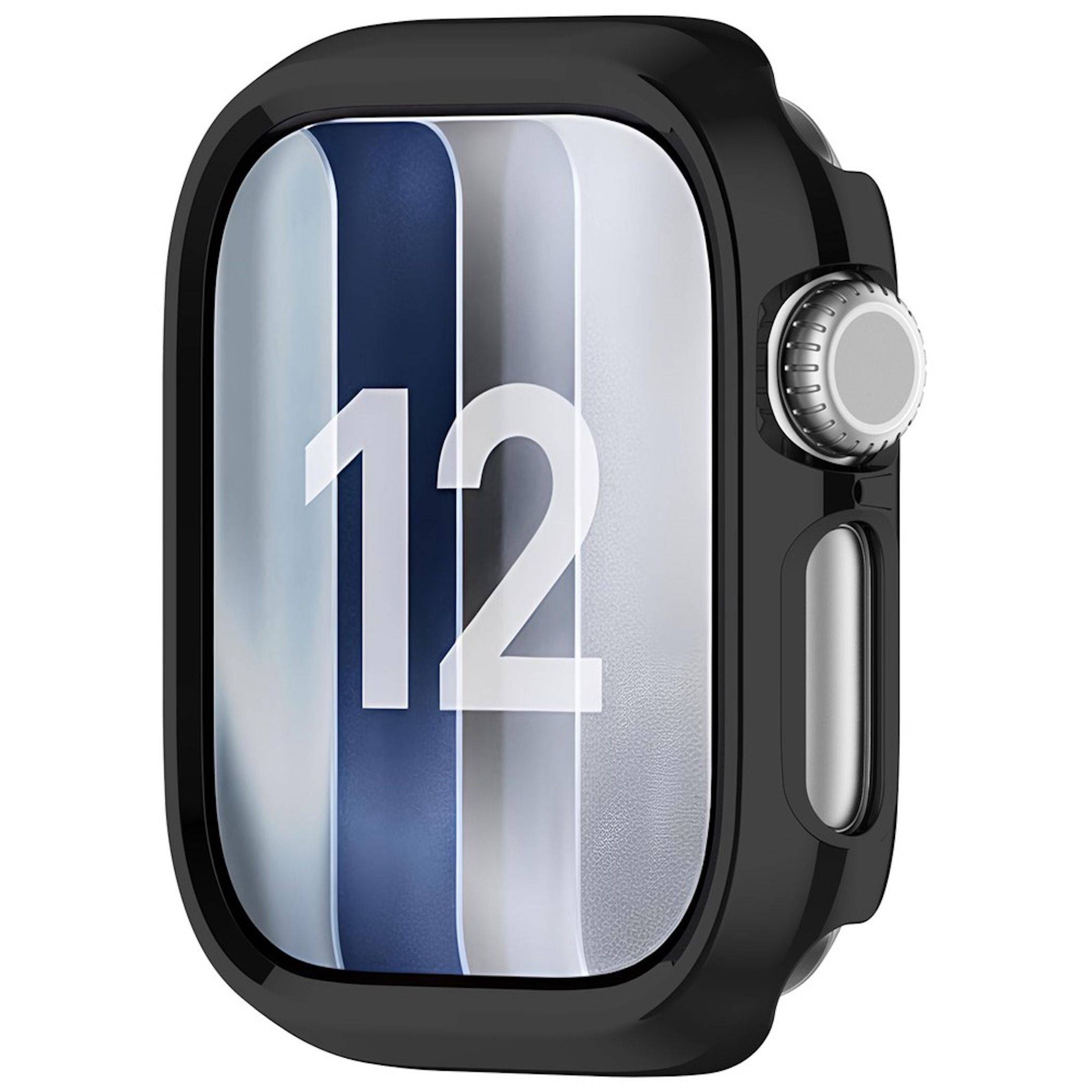 Schwarze Smartwatch mit großem Display, auf dem die Zahl "12"" auf blauem und silbernem Streifenhintergrund angezeigt wird.