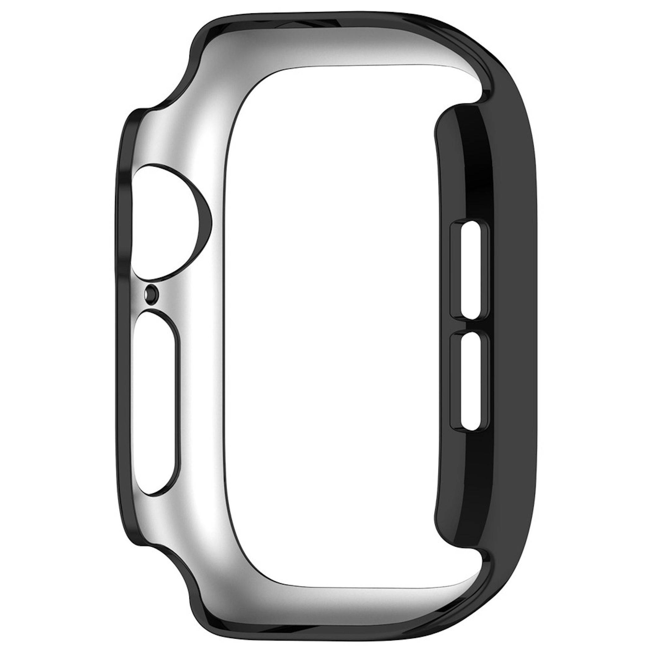 Schwarzes und silbernes Apple Watch Gehäuse oder Bumper Cover, isoliert auf weißem Hintergrund gezeigt, mit Aussparungen für Tasten und Lautsprecher.