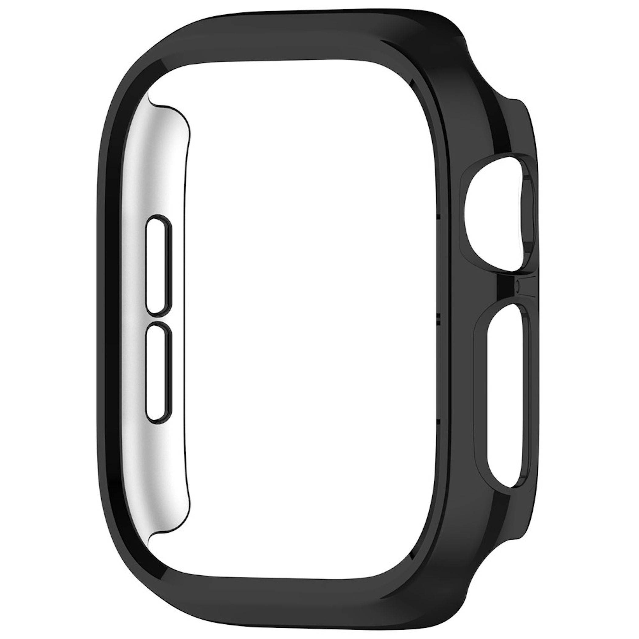 Schwarze Schutzgehäuse für Smartwatch mit seitlichen Ausschnitten und Tastenabdeckungen, gezeigt auf weißem Hintergrund.
