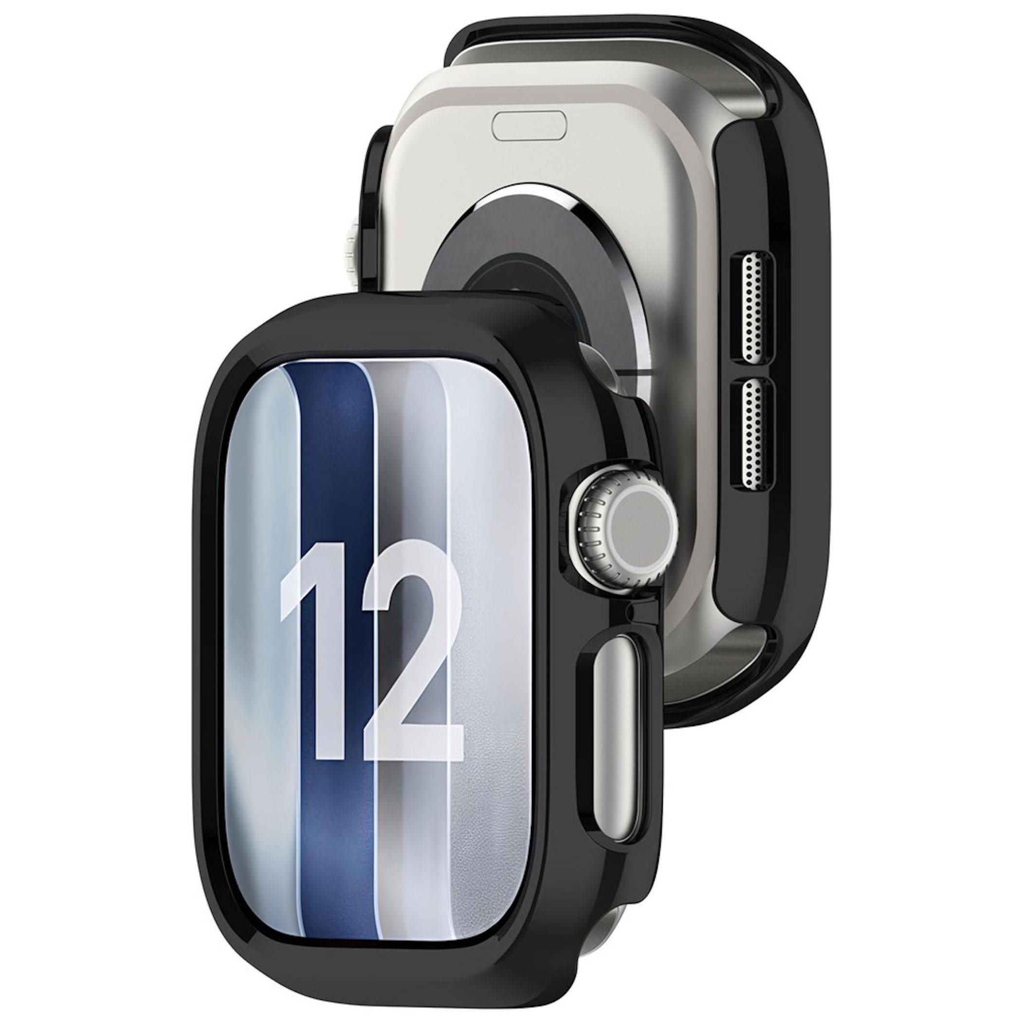 Zwei Smartwatches diagonal gestapelt, zeigen eine Vorderansicht mit der Nummer „12" und eine Rückansicht mit Seitentasten und Anschlüssen.