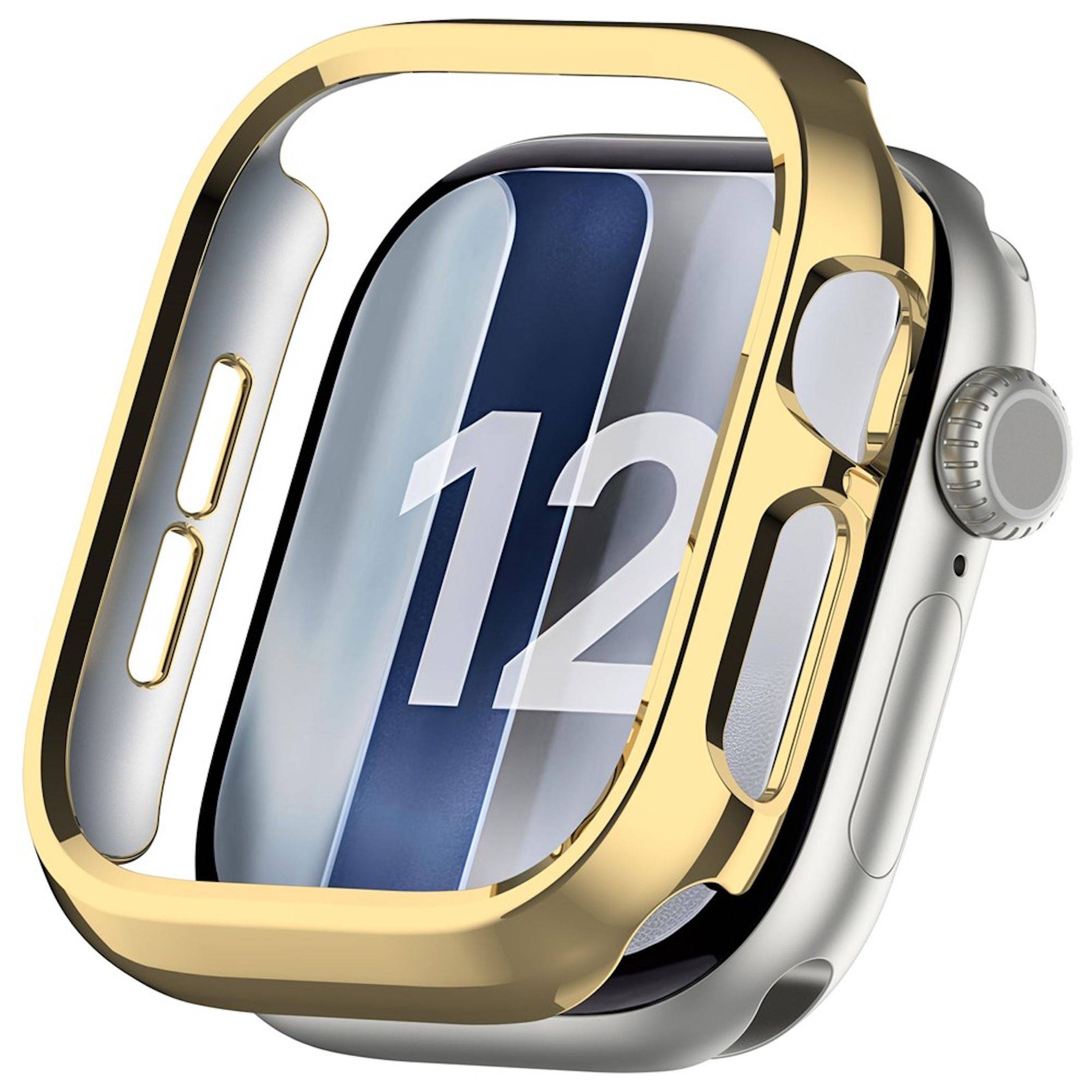 Smartwatch-Gehäuse in Gold und Silber in Nahaufnahme, mit blau-weißem Display, das „12