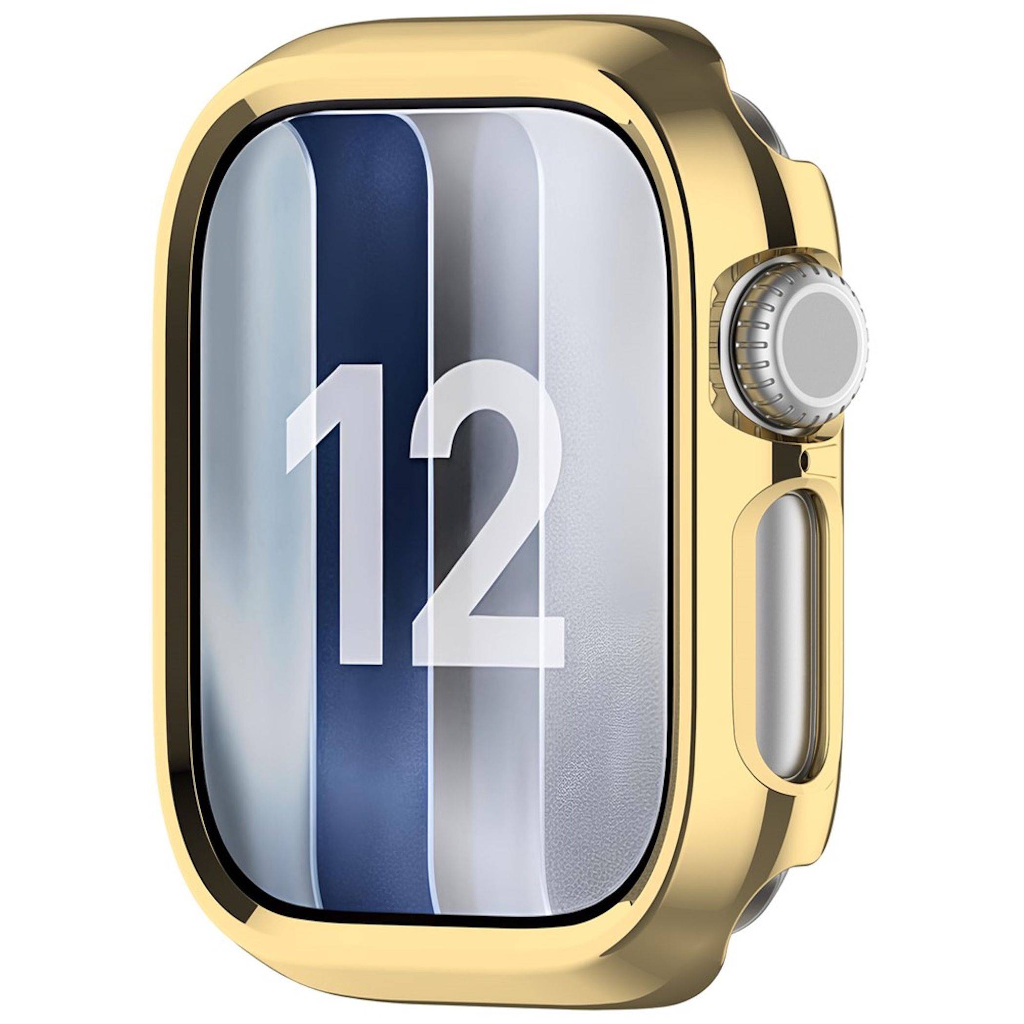 Goldene Smartwatch mit großem rechteckigem Display, das '12' auf einem gestreiften Bildschirm anzeigt.