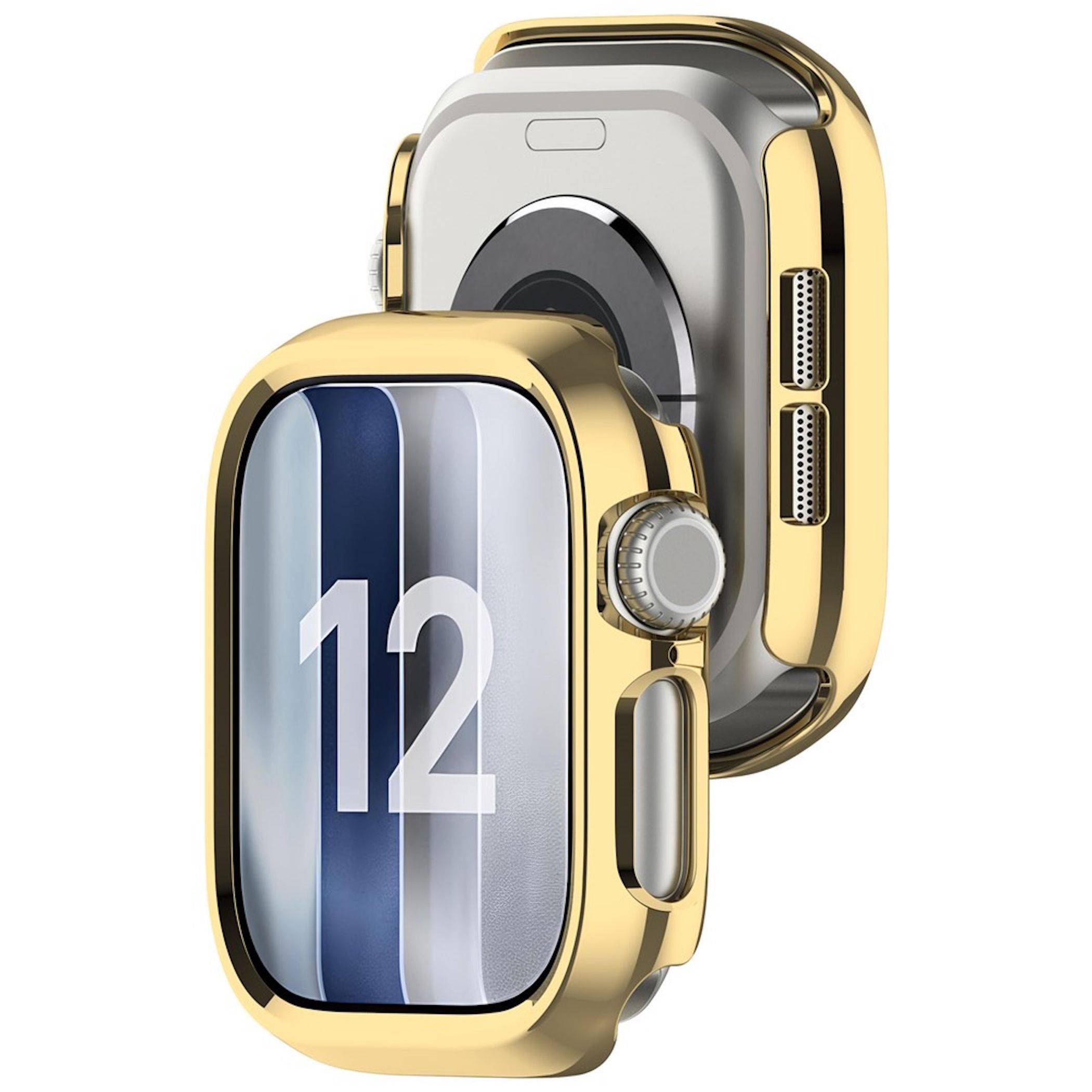 Zwei goldene Smartwatches werden übereinander liegend gezeigt, wobei eine auf ihrem Bildschirm "12"" anzeigt und einen dunkelblaunen Streifen aufweist.