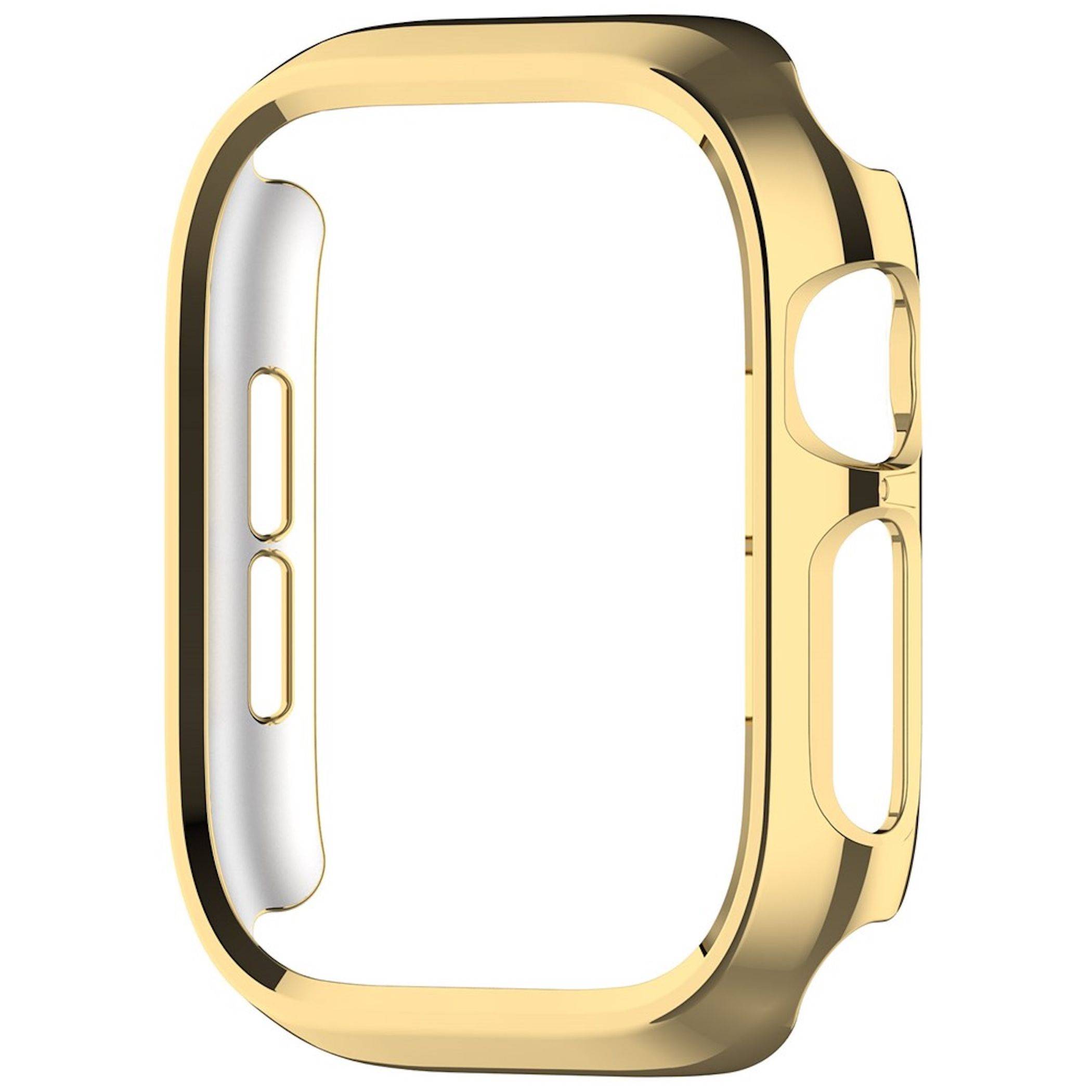 Goldener Schutzrahmen oder Gehäuse für eine Smartwatch, dargestellt in Großaufnahme auf weißem Hintergrund.